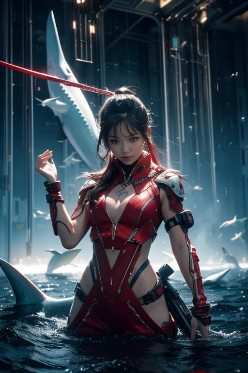 (high quality), (masterpiece), (detail), 8K, Hyper-realistic depiction of a futuristic asian character (1girl1.2), amidst a shocking bloodbath with sharks. Meticulous details capture the intensity, blending of tradition and futuristic elements in this stunning and dramatic visual composition. Trending on Artstation, slightly nude transparent
