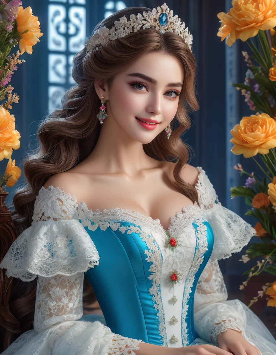 ultra high quality image, close-up, stunningly beautiful girl, long fluffy eyelashes, modern rococo style, with impressionistic softness, snow-white smile, bright colors, ambient lighting, clothes decorated with intricate lace and flowers reminiscent of the era, the scene exudes the highest quality , mutual love, 8k HDR Dolby Vision, digital art, ultra HD, realistic, vibrant colors, high detail, perfect composition, beautiful detailed intricate insanely detailed octane rendering, trending on artstation, 8k art photography, photorealistic concept art, soft natural 3D cinematic perfect light. Lots of details, intricate details, brilliant, magical, stunning, a work of art, a masterpiece.