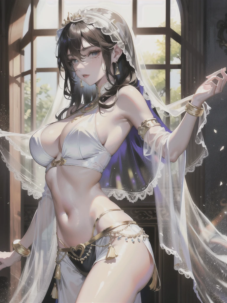 absurdres, RAW photo, extremely delicate and beautiful, masterpiece, Best Quality, ultra high resolution, 32k, hyperrealistic, ultra-detailed, perfect anatomy, anatomically correct, perfect figure, super Detailed skin, pale skin, 20 years old, very Slim body, narrow waist, very small head, very small face, delicate facial features, detailed face, detailed eyes, tearful mole, earring, thin legs, bare legs, ((very huge round breasts)), short medium hair, ((wavy hair)), wet clothes, ((Belly dancer costume)), ((mouth veil)), anklet,