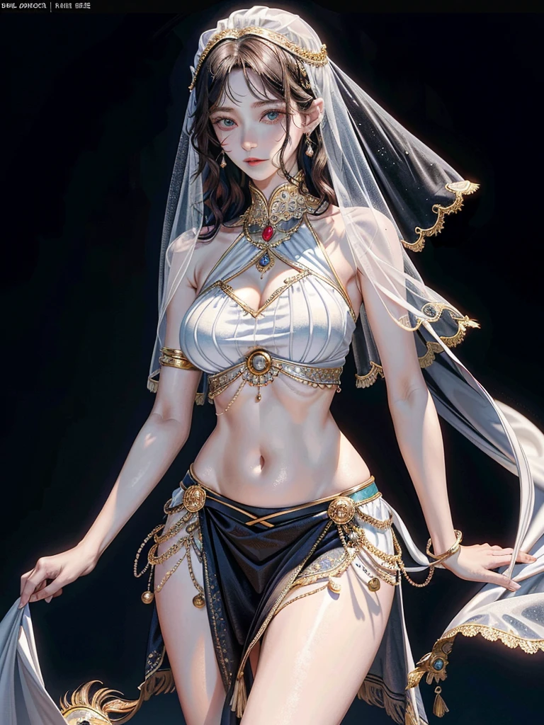 absurdres, RAW photo, extremely delicate and beautiful, masterpiece, Best Quality, ultra high resolution, 32k, hyperrealistic, ultra-detailed, perfect anatomy, anatomically correct, perfect figure, super Detailed skin, pale skin, 20 years old, very Slim body, narrow waist, very small head, very small face, delicate facial features, detailed face, detailed eyes, tearful mole, earring, thin legs, bare legs, ((very huge round breasts)), short medium hair, ((wavy hair)), wet clothes, ((Belly dancer costume)), ((mouth veil)), anklet,