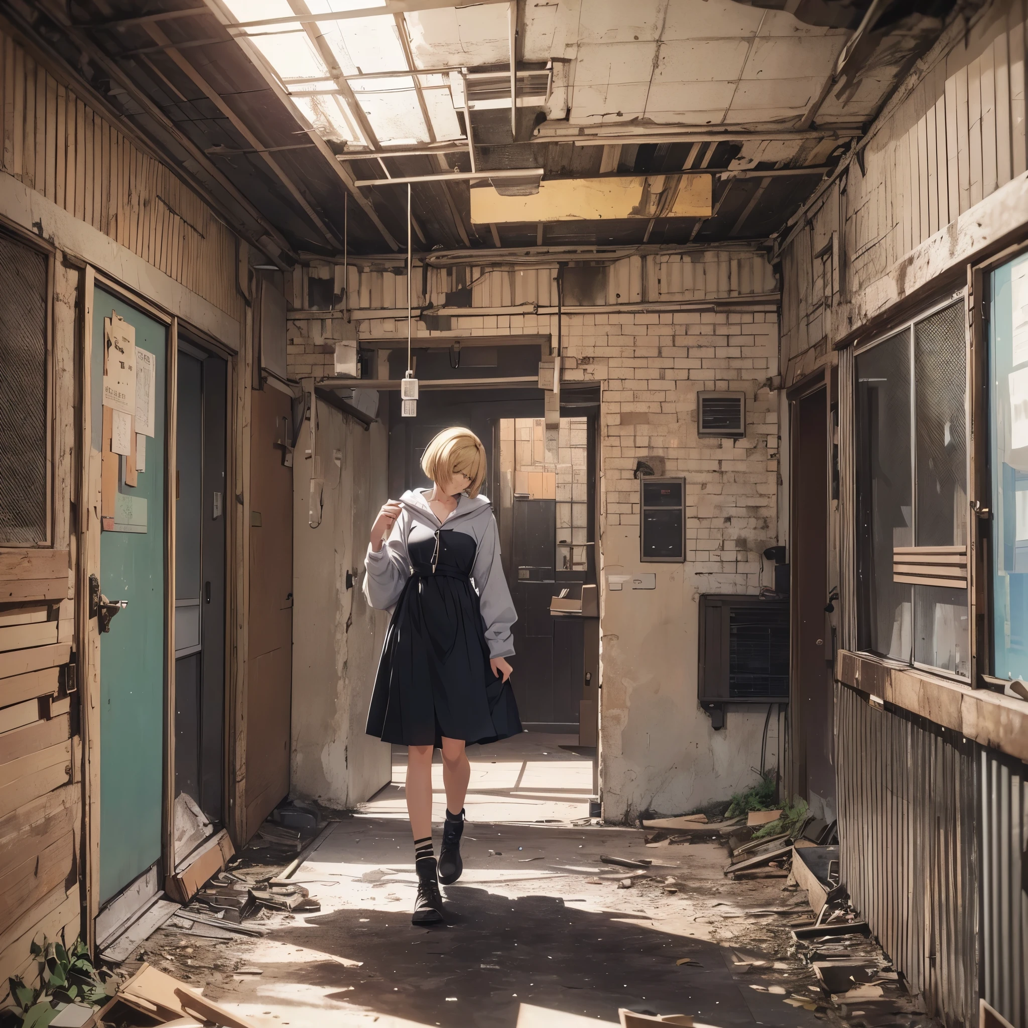 ((20-year-old woman,Blonde short bob hair,She is walking through an empty room)),Huge kids room,room in underground,A room with children&#39;s graffiti,Messy room,Dim electricity,Dimly lit room,There are monsters in the room,Uneasy atmosphere,