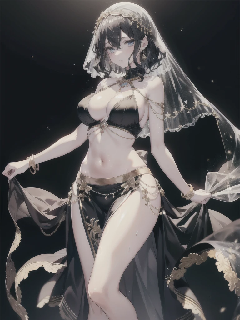 absurdres, RAW photo, extremely delicate and beautiful, masterpiece, Best Quality, ultra high resolution, 32k, hyperrealistic, ultra-detailed, perfect anatomy, anatomically correct, perfect figure, super Detailed skin, pale skin, 20 years old, very Slim body, narrow waist, very small head, very small face, delicate facial features, detailed face, detailed eyes, tearful mole, earring, thin legs, bare legs, ((very huge round breasts)), short medium hair, ((wavy hair)), wet clothes, ((Belly dancer costume)), ((mouth veil)), anklet,