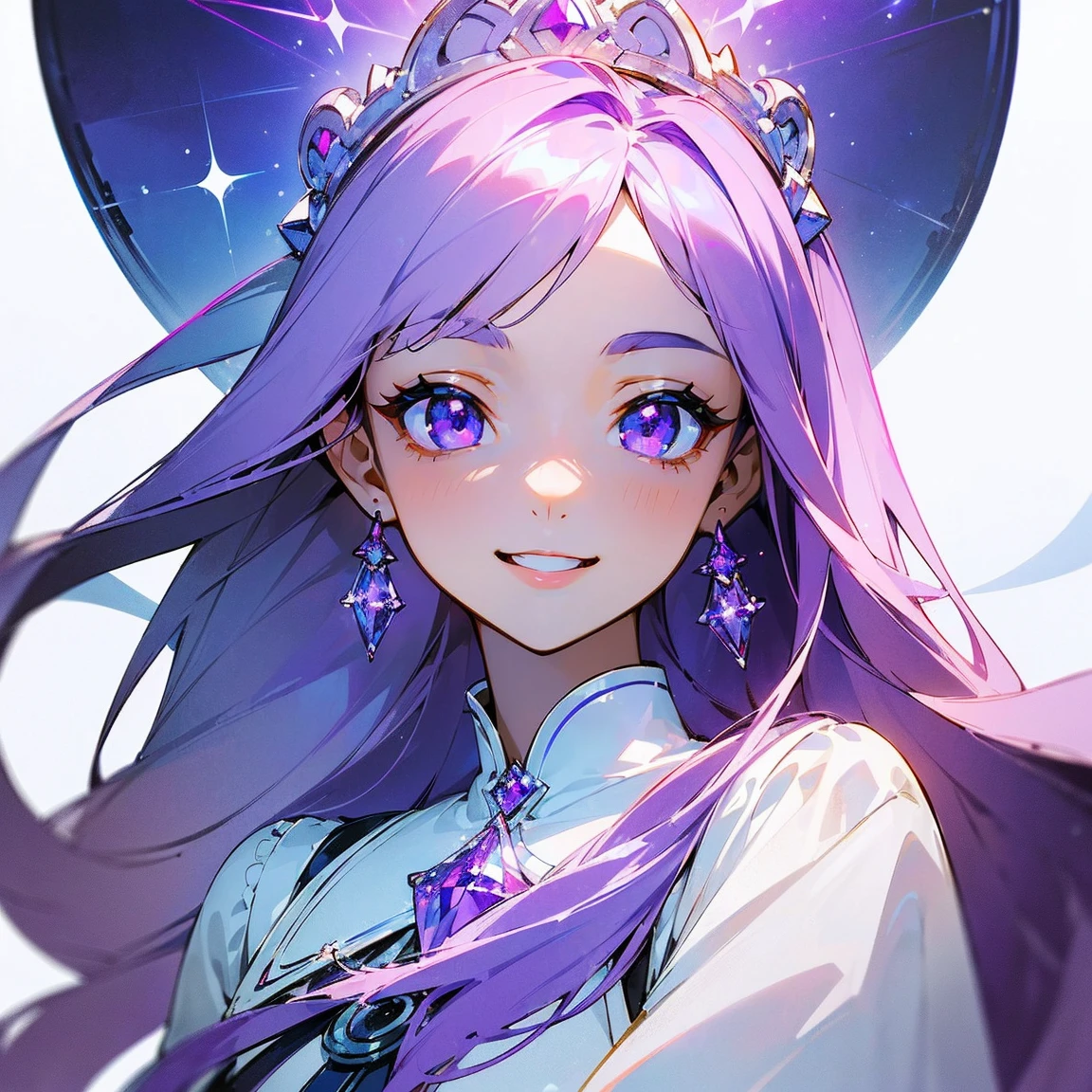 (masterpiece, top quality, best quality, official art, beautiful and aesthetic, absolutely-impressive-detail shadowing:1.2), 1 girl, Goddess, white skin, white blouse with dark purple details, cute, long silky smooth hair, periwinkle hair, very beautiful pretty face, sparkling nice detailed crystal clear purple eyes. (delighted, wide smile, white teeth:1.2), (white background)