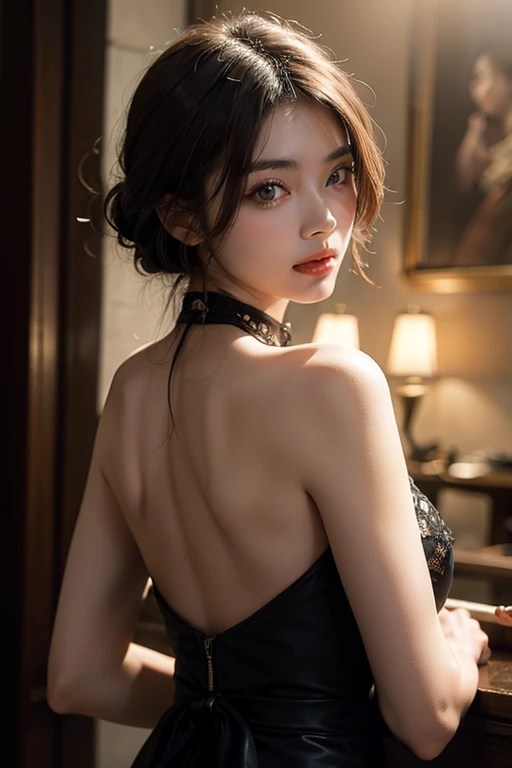 masterpiece、8k、32k、highest quality、(Detailed eyes)、(Cute Japanese Woman、Bans)、18-year-old、One Girl、elegant、(Detailed background depiction)、look back、Hilarious, steampunk、clear、Holding a blue rose