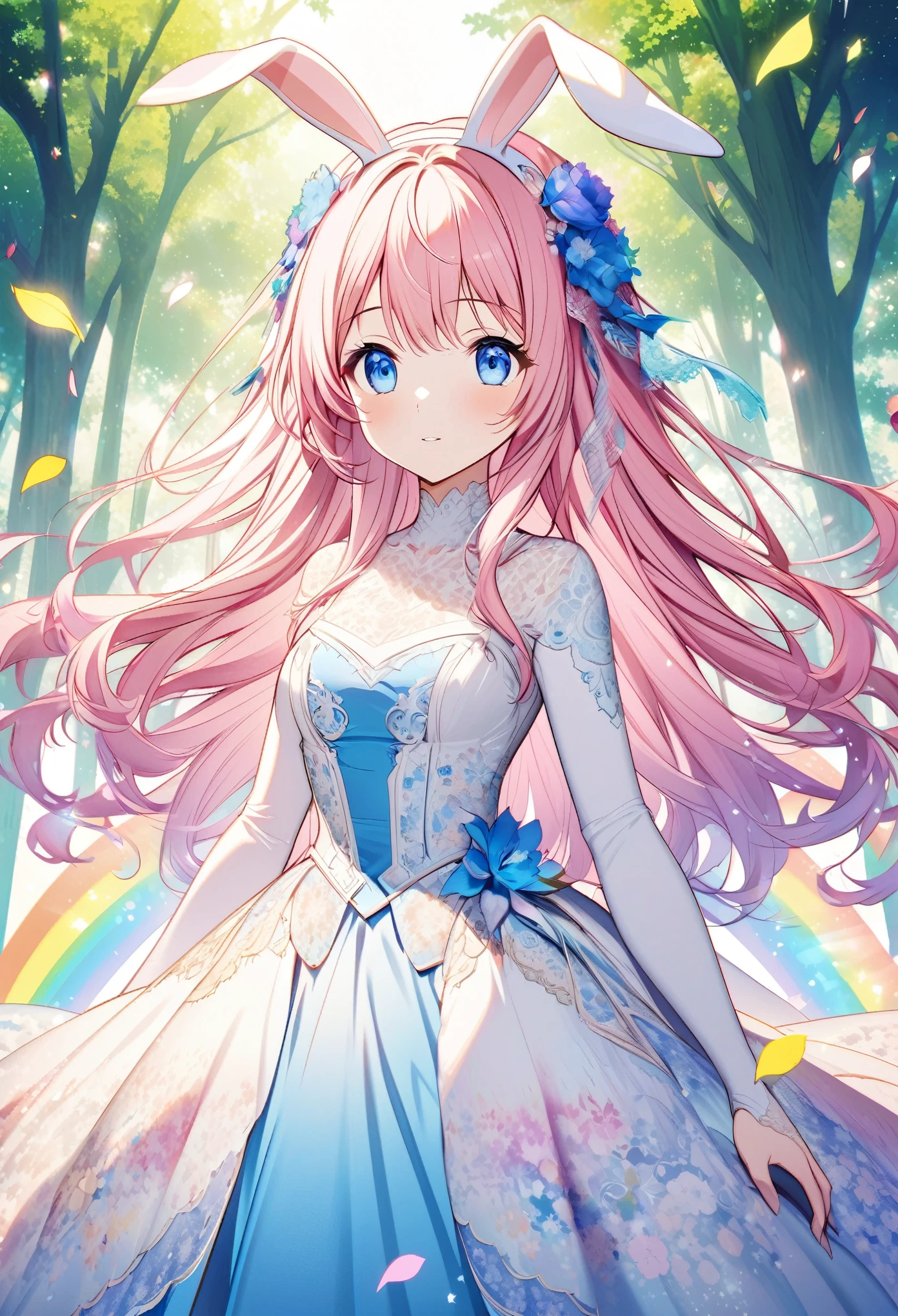 “Create an AI illustration of an anime-style character with pink hair and blue eyes, adorned with bunny ears and floral decorations. The character wears a flowing dress with special lace detailing, transitioning from white to blue, decorated with flower patterns and petals, set against an ethereal forest background with beams of light filtering through the trees and floating colorful leaves and rainbow.”