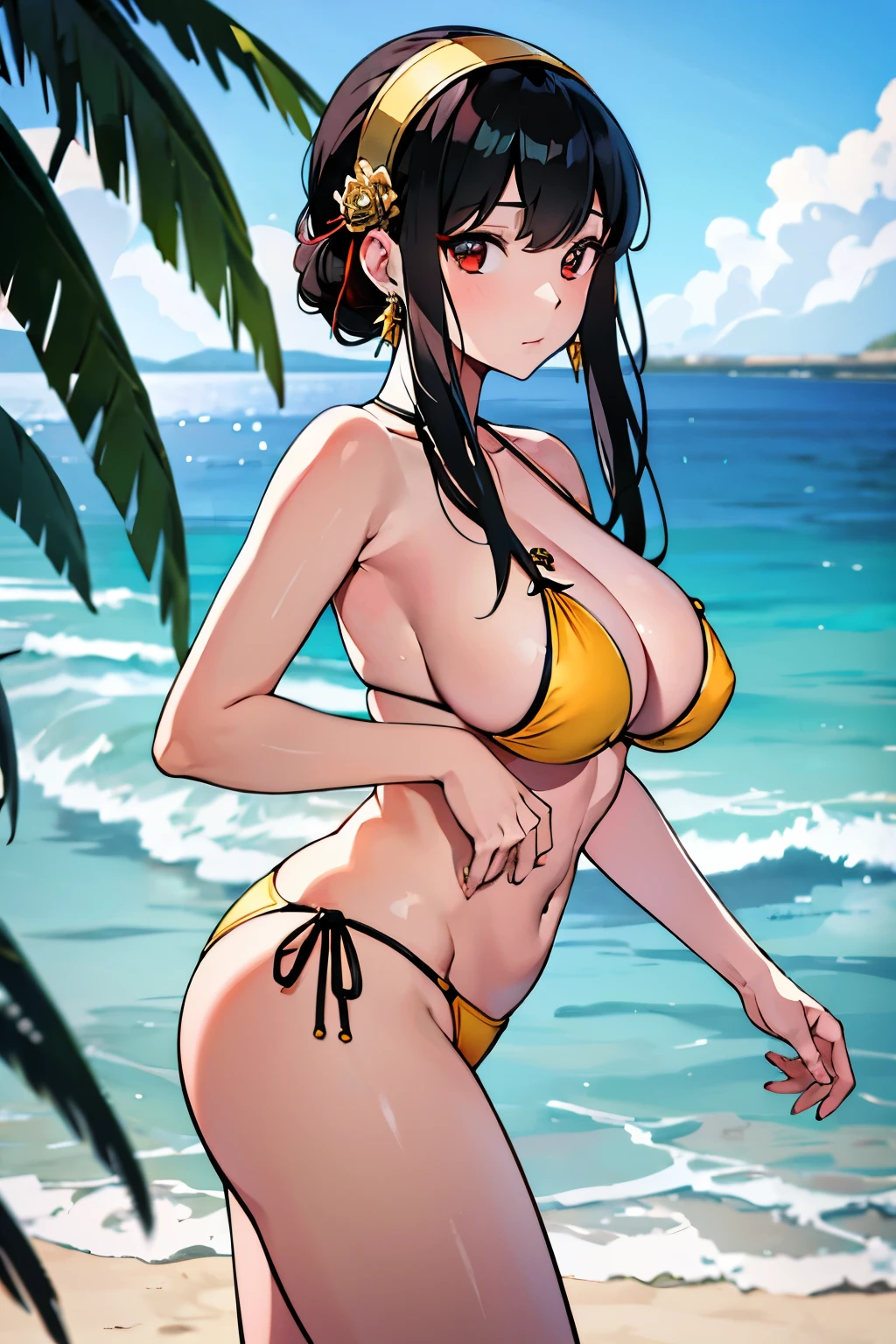 masterpiece, best quality, highres, aayorf, sidelocks, black hairband, hair ornament, red eyes, gold earring, large breasts, yellow bikini, standing, beach, from side,