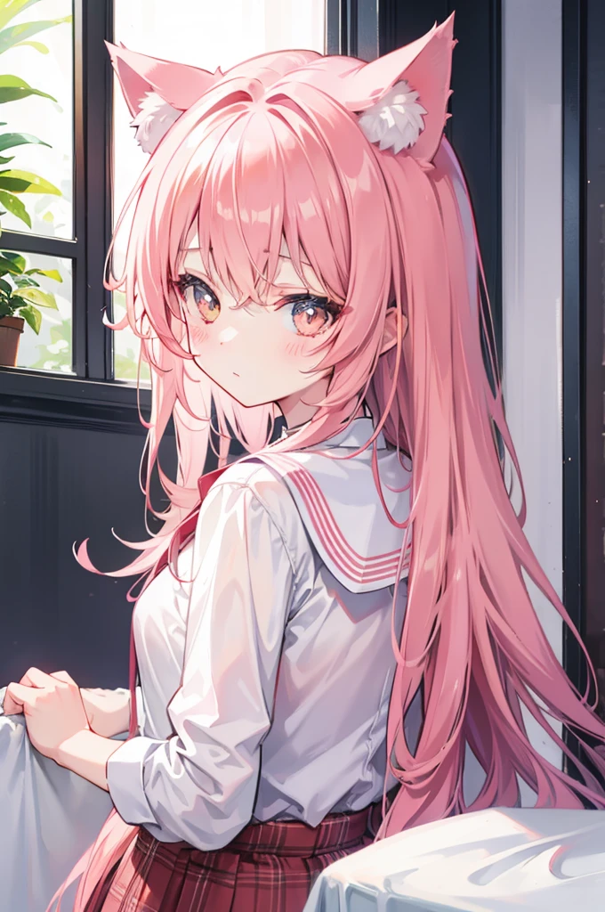 Cat ear, 1 girl, light blush, I&#39;m watching you, light pink eyes, light, positive face, I&#39;m watching you、brown hair、long hair