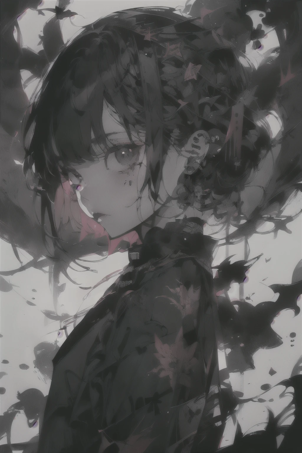 v5lcn style,ink art,(Best Quality,masutepiece:1.2),(black and white comic core:1.1),(extreme high contrast),Dark ink,1girl in,A dark-haired,Shadow on face、8K,resolution,High School Girl