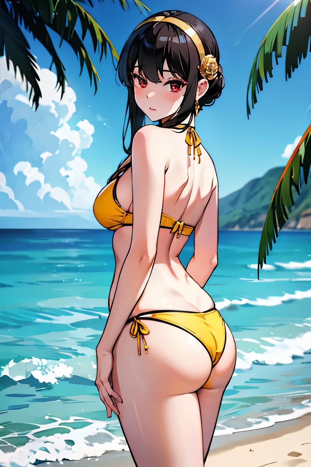 masterpiece, best quality, highres, aayorf, sidelocks, black hairband, hair ornament, red eyes, gold earring, large breasts, yellow bikini, standing, beach, from side,