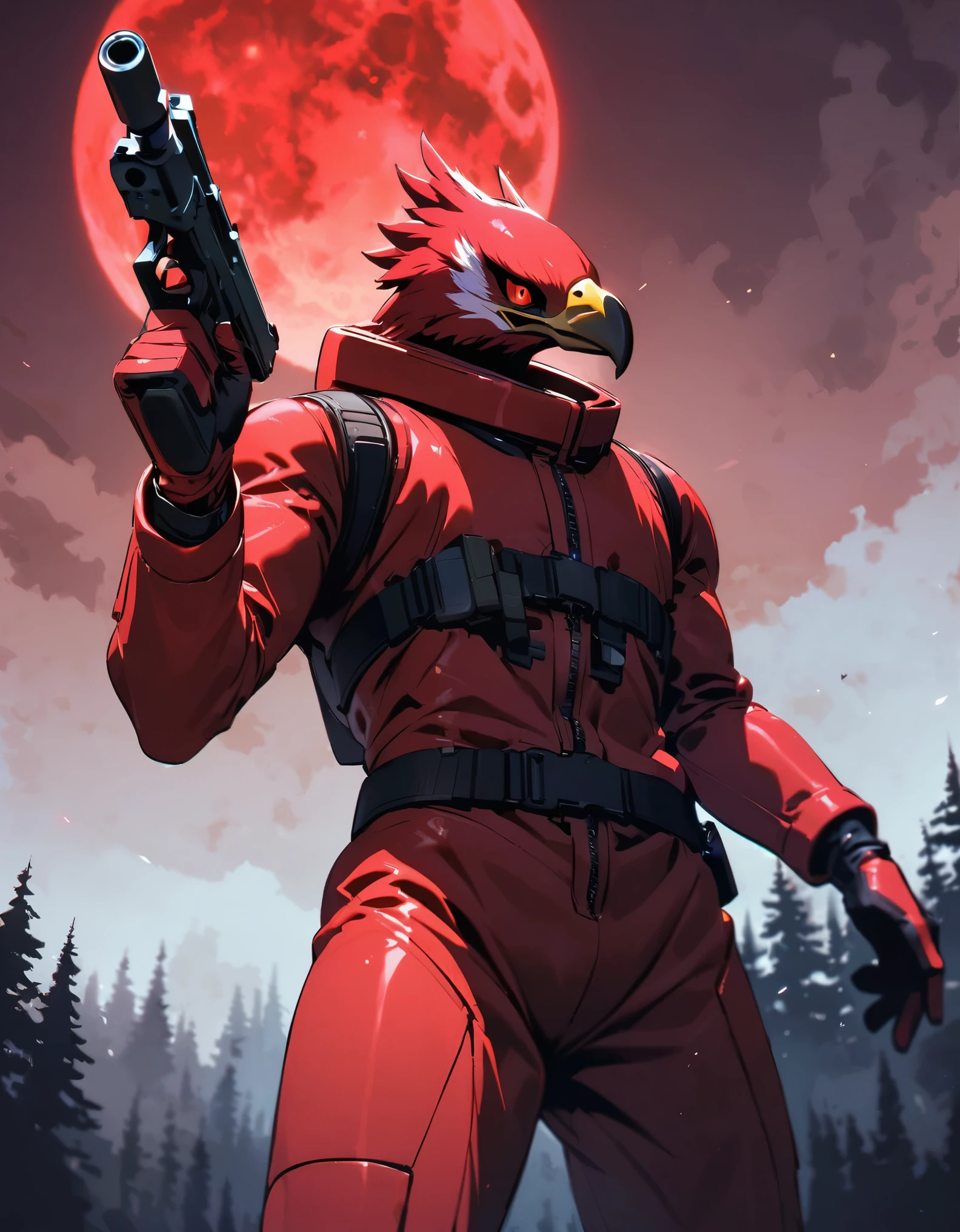 masterpiece, best quality, alien, (half-eagle, eagle's head), male focus, solo, solo focus, dynamic standing pose, beak, white with red accents cyperpunk spacesuit with matching gloves and boots, (holding a pistol, dl44blstr), night time, forest backdrop, red moon, science fiction, horror lighting, conscious pose