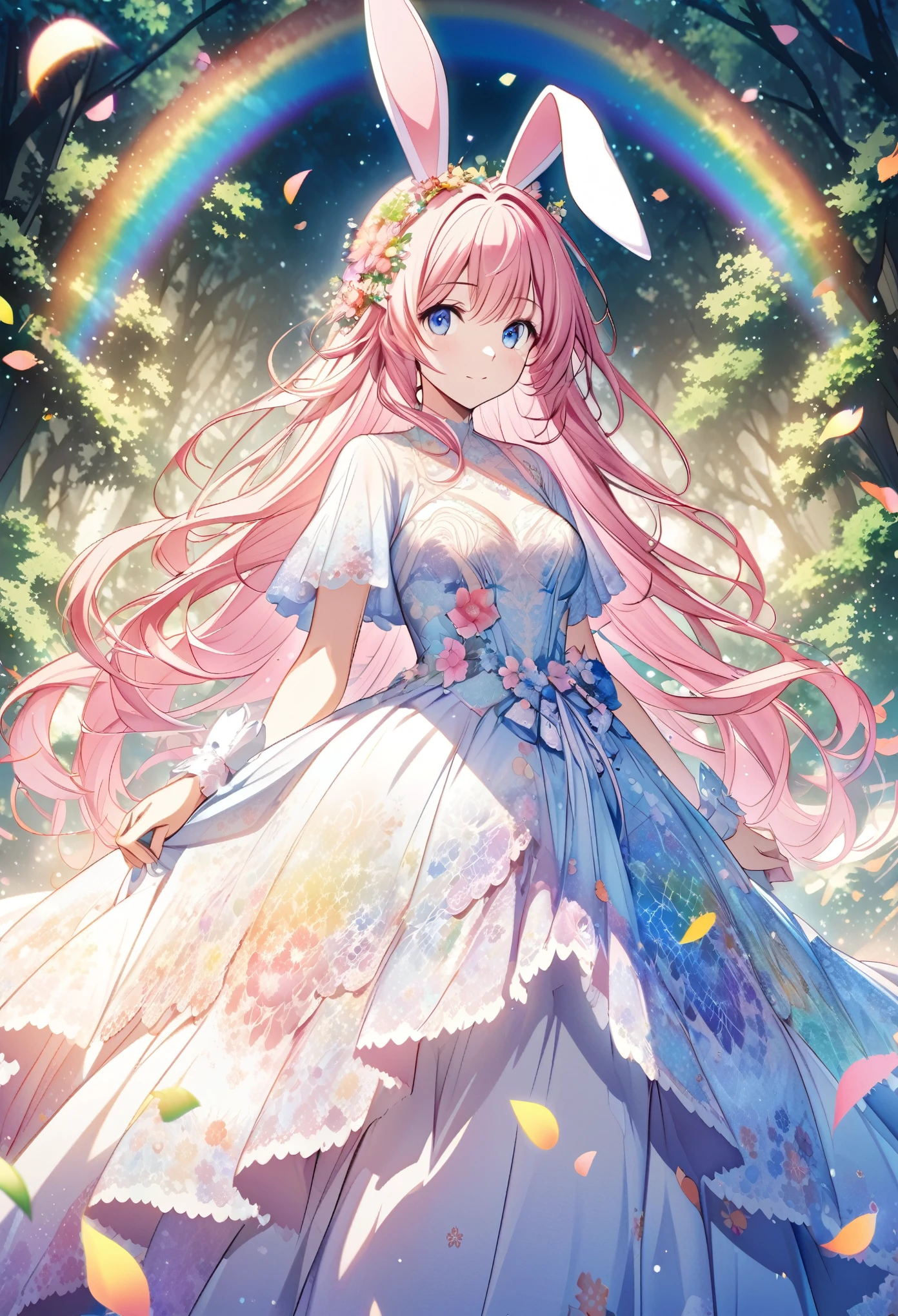 “Create an AI illustration of an anime-style character with pink hair and blue eyes, adorned with bunny ears and floral decorations. The character wears a flowing dress with special lace detailing, transitioning from white to blue, decorated with flower patterns and petals, set against an ethereal forest background with beams of light filtering through the trees and floating colorful leaves.with rainbow”