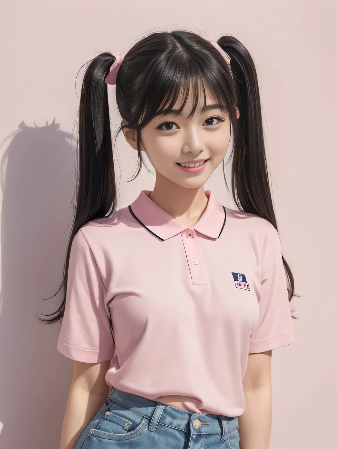 one person、one person、A 19-year-old high school girl posing for a photo in a white polo shirt、victory、Twin tails、Tsundere、smile、Saucy、Navy blue mall、Slim girl model photo、body:Female Model、Japanese female fashion model、(8K、Raw photo、Best image quality、masterpiece:1.2)、(Genuine、photoGenuineistic:1.37)、Ultra-high resolution、Ultra-high resolution、Standing position、whole body、((((sexy)))、Pink wall、Shapely small breasts