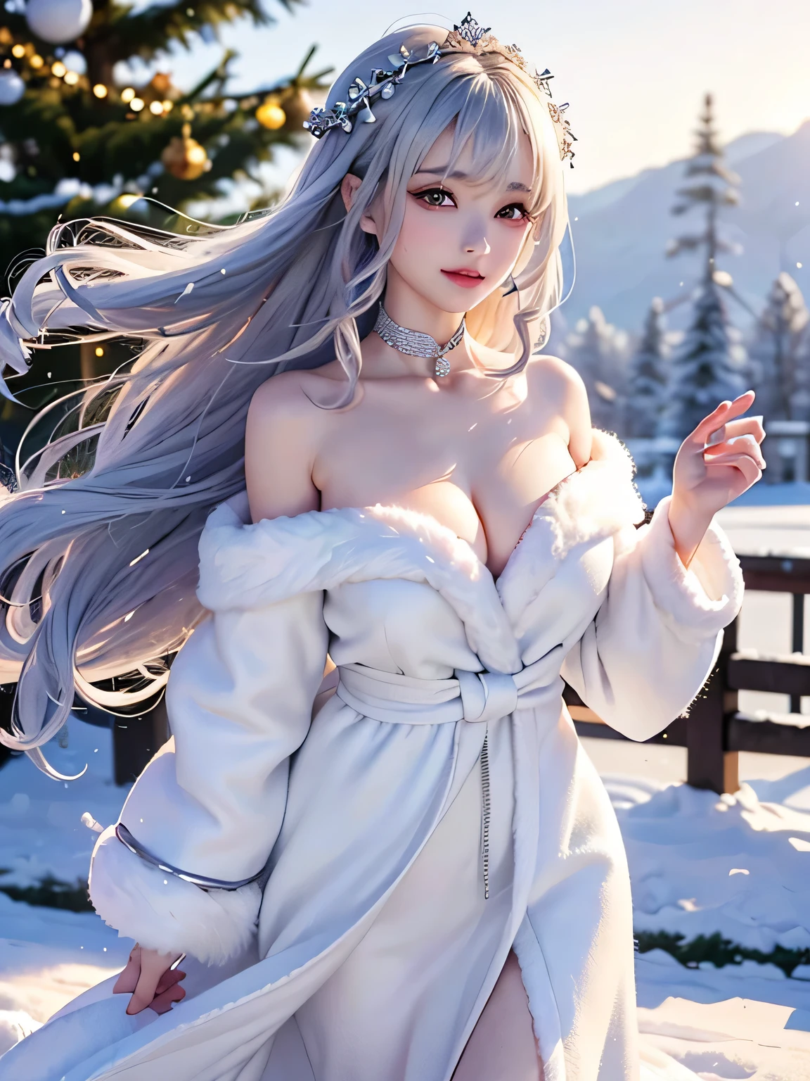 ((masterpiece:1.5、8k、Portrait、Photorealistic and very detailed CG、Very detailed、Particle Effects、Dynamic Effects、Written boundary depth、Cinematic Light、Lens flare、Ray Tracing、Tabletop、Realistic:1.4、超A high resolution:1.2、Realistic、Realistic))((alone、A woman wearing a white fur long coat over an off-the-shoulder knit:1.4、Elegant woman posing:、Detailed face、Bright expression、Younger, brighter, whiter skin、Ample breasts、Best Looks、The ultimate beauty、Silver hair with dazzling highlights、Shiny bright hair,、Super long, silky curly hair、hair dancing in the wind))(morning、The setting is outdoors in the snow, near a Christmas tree.)