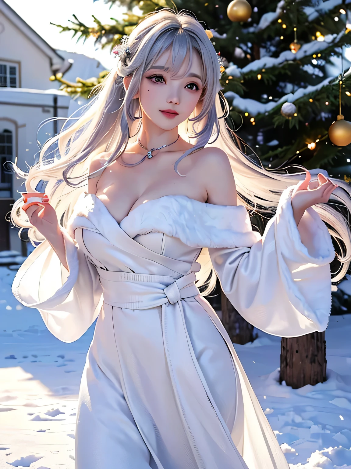 ((masterpiece:1.5、8k、Portrait、Photorealistic and very detailed CG、Very detailed、Particle Effects、Dynamic Effects、Written boundary depth、Cinematic Light、Lens flare、Ray Tracing、Tabletop、Realistic:1.4、超A high resolution:1.2、Realistic、Realistic))((alone、A woman wearing a white fur long coat over an off-the-shoulder knit:1.4、Elegant woman posing:、Detailed face、Bright expression、Younger, brighter, whiter skin、Ample breasts、Best Looks、The ultimate beauty、Silver hair with dazzling highlights、Shiny bright hair,、Super long, silky curly hair、hair dancing in the wind))(morning、The setting is outdoors in the snow, near a Christmas tree.)