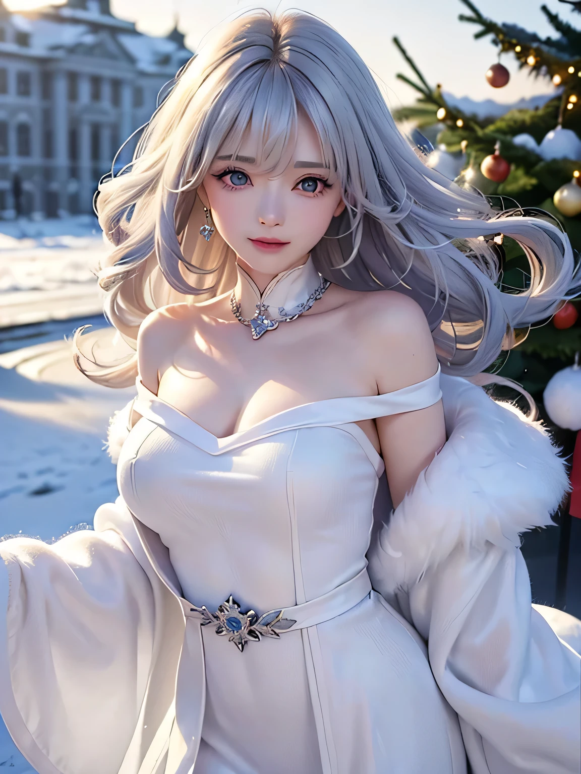 ((masterpiece:1.5、8k、Portrait、Photorealistic and very detailed CG、Very detailed、Particle Effects、Dynamic Effects、Written boundary depth、Cinematic Light、Lens flare、Ray Tracing、Tabletop、Realistic:1.4、超A high resolution:1.2、Realistic、Realistic))((alone、A woman wearing a white fur long coat over an off-the-shoulder knit:1.4、Elegant woman posing:、Detailed face、Bright expression、Younger, brighter, whiter skin、Ample breasts、Best Looks、The ultimate beauty、Silver hair with dazzling highlights、Shiny bright hair,、Super long, silky curly hair、hair dancing in the wind))(morning、The setting is outdoors in the snow, near a Christmas tree.)
