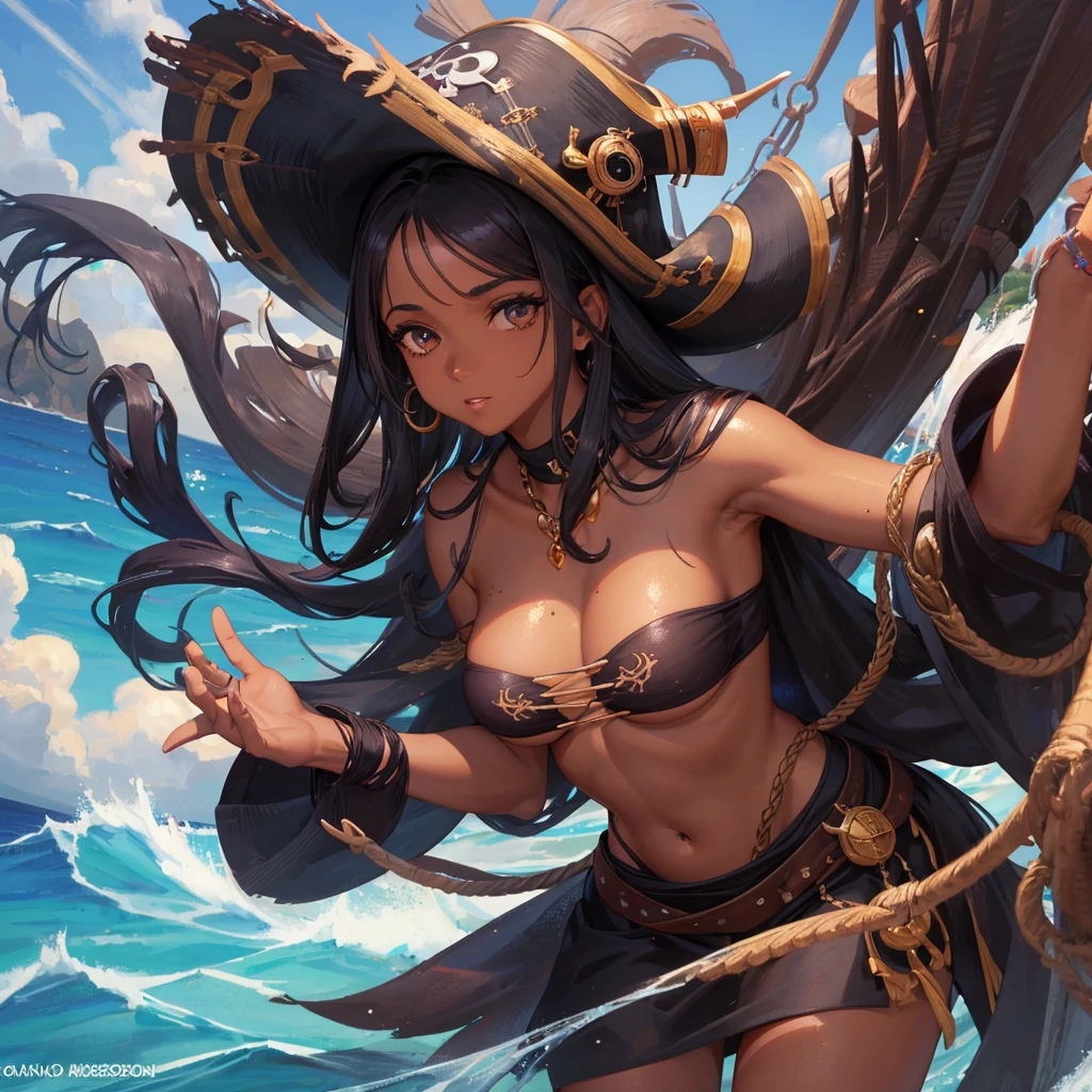Uma  de pele negra e cabelos cacheados castanho escuro, dark brown eyes and a thin but well-groomed body and small  with a mole on the left side of the face, small lips , and large childre the shape of the face is medium defined.
She is a pirate .