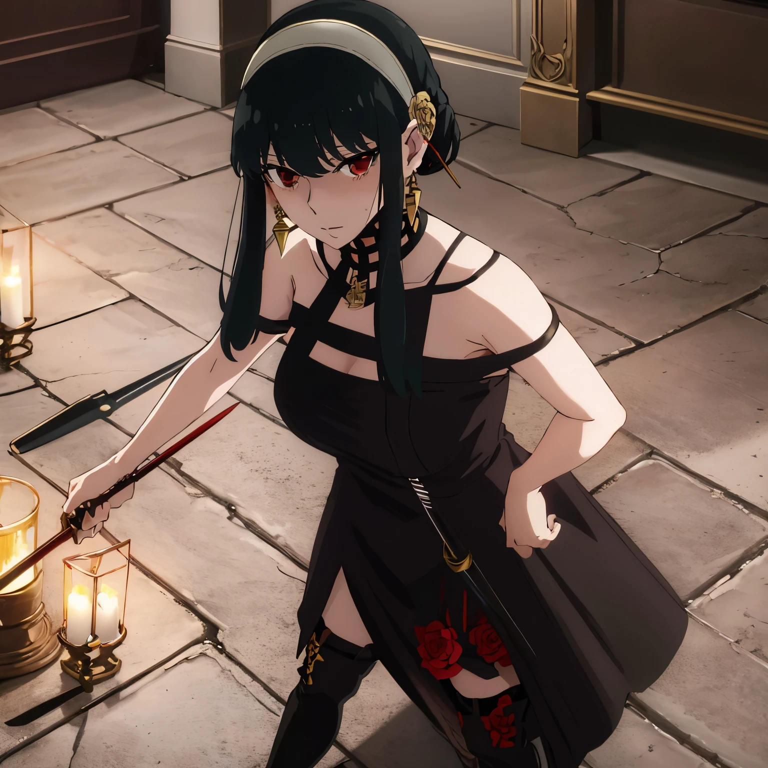 Yor Forger, dress, holding, black dress, black hair, weapon, high heels, thighhighs, red eyes, two-sided fabric, high heel boots, boots, hairband, holding weapon, gloves, dual wielding, breasts, hair ornament, flower, two-sided dress, dagger, fingerless gloves, black gloves, sidelocks, knife, thigh boots, looking at viewer, hair flower, black footwear, rose, bare shoulders, black thighhighs, holding dagger, standing, long hair, gold hairband, rose print, holding knife, earrings, sleeveless, short hair with long locks, jewelry, closed mouth, bangs, sleeveless dress, 1girl, long hair, bangs, gold earrings, red eyes, upper body, surprised, bangs, collarbone, off shoulder, white hairband, bare shoulders, indoors, long hair, gold earrings, sweat, looking at viewer, short hair with long locks, breasts, Exquisite visuals, high-definition,masterpiece,best quality,high-definition,masterpiece,best quality,18yo,Young female,Beautiful Fingers,Beautiful long legs,Beautiful body,Beautiful character design, standing, half body, dark building,