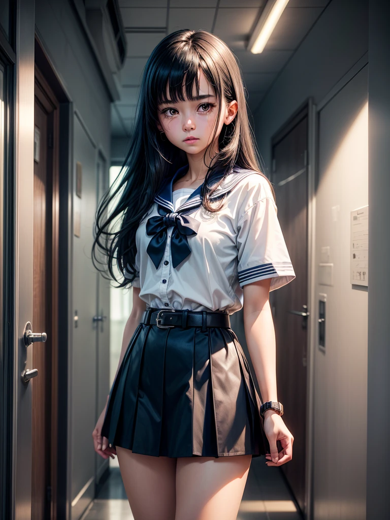 1 girl, alone,Black straight hair, Sailor suit,belt,watch,high school girl,White sleeveless collared shirt,Blue super mini skirt,Shy face:1.6, Perfect light, 8k, masterpiece:1.2, Very detailed, Realistic:1.37, Full HD, Night school corridor background,Cowboy shot from the front,Are standing