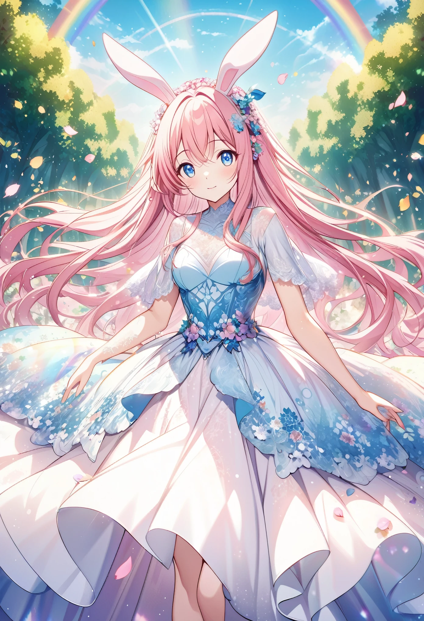 “Create an AI illustration of an anime-style character with pink hair and blue eyes, adorned with bunny ears and floral decorations. The character wears a flowing dress with special lace detailing, transitioning from white to blue, decorated with flower patterns and petals, set against an ethereal forest background with beams of light filtering through the trees and floating colorful leaves.with rainbow”