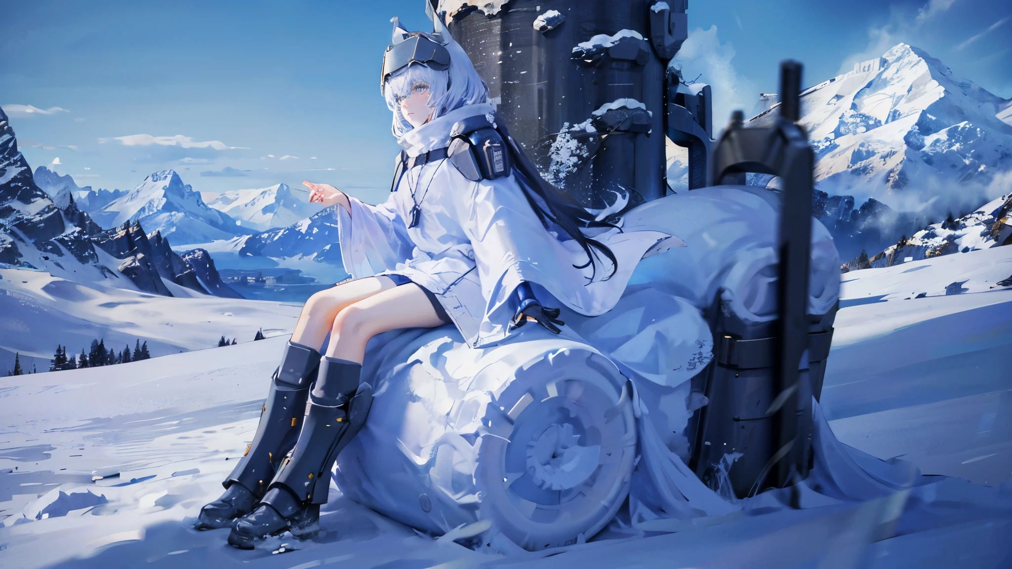 yellow eyes, white hair, long hair, headgear, mechanical boots, cloak, bare legs, single pauldron,Snowy mountains, nothing,1 people,blue atmosphere, blue sky