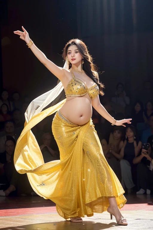 (best quality,masterpiece:1.2,high resolution,4k,8k),ultra-detailed,(realistic,photorealistic,photo-realistic:1.37),1girl, Aishwarya Rai on the stage,belly dancer, pregnant,big breasts,vivid colors,stage lights,dynamic movement,golden jewelry,cultural attire,expressive eyes,graceful posture,straw hat,colorful veil,energetic performance,dancing with confidence,elegant hand gestures,mesmerizing expressions,beautiful patterned dress,engaging with the audience,sensuous dance rhythm,enthralling stage presence,celebration of femininity,expressive body language