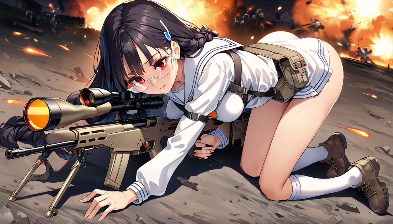 masterpiece、highest quality、Ultra-high resolution、Maximum resolution、Very detailed、Professional Lighting、anime、woman、thin、so beautiful、high school girl、White sailor suit、White knee-high socks、Has a sniper rifle、Red Eye、Black Hair、long hair、Lie face down and aim your sniper rifle、Fingerless gloves、Tactical Boots、Equipped with transparent orange shooting glasses、Equipped with a chest rig、1 person on the battlefield