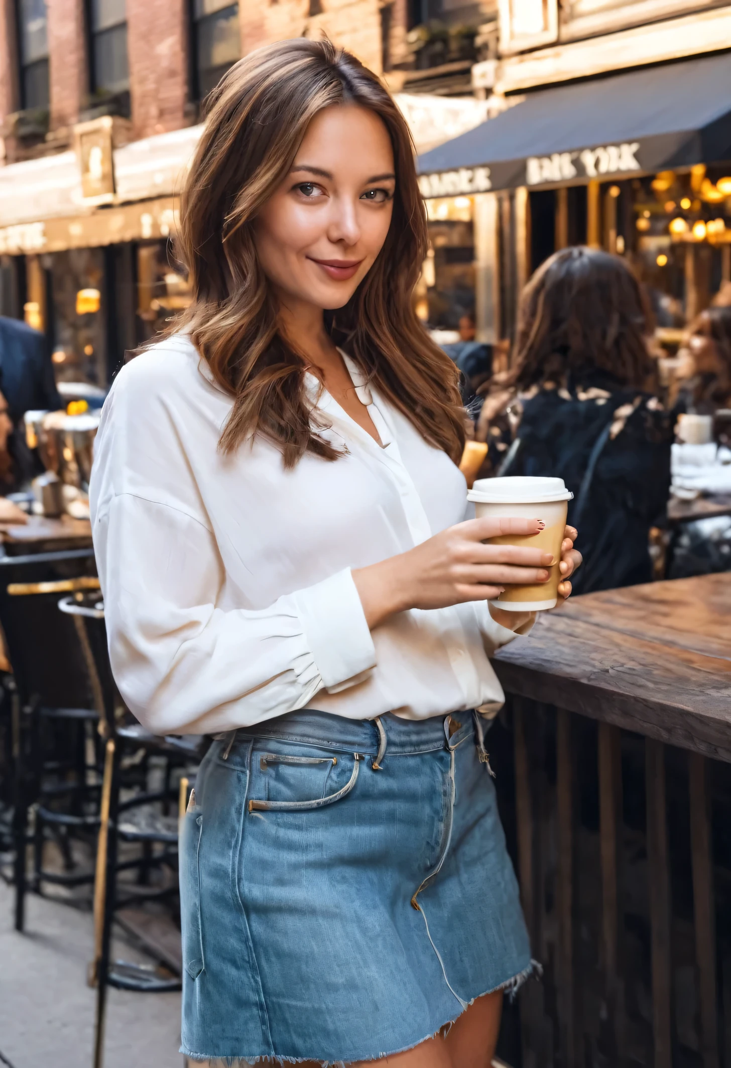 realistic image of a woman with brown hair drinking coffee on a terrace of a New York bar