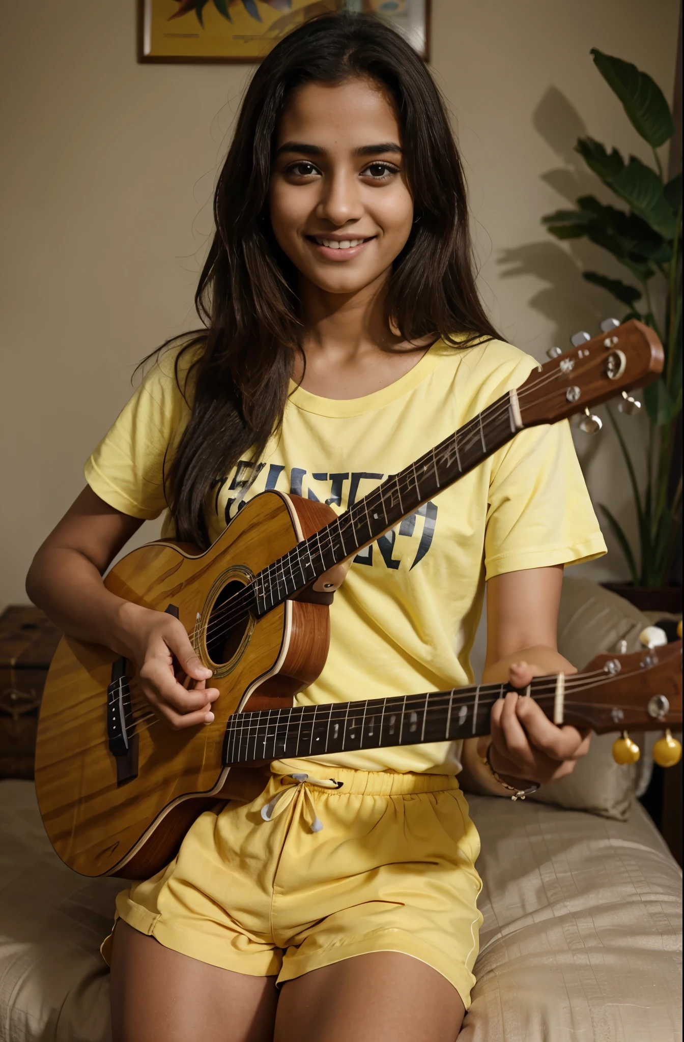 kerala girl, looks like hermoine granger, playing guitar, smiling, wearing yellow long tshirt and shorts, realistic, mobile photography, a long shot, realistic skin texture, raw, realistic acoustic guitar, luxury