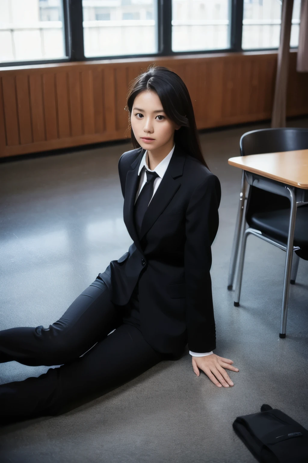 A female teacher wearing a black suit and sitting on the classroom floor