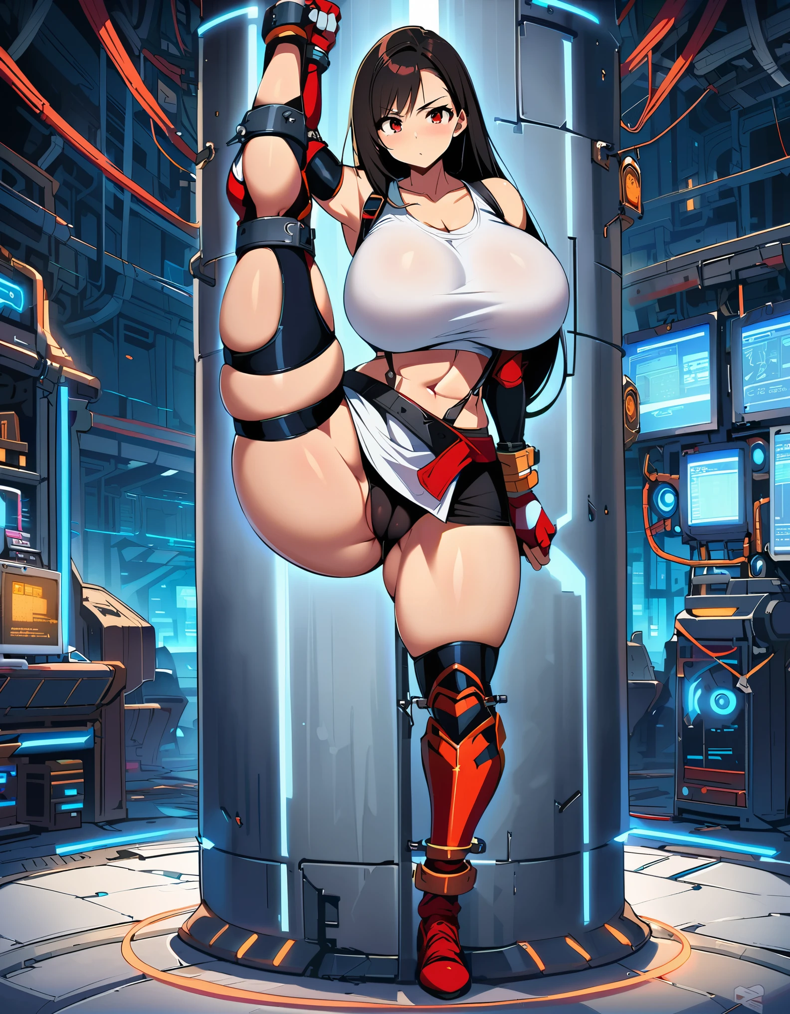 (Standing Split , (( tifa, )), fantasy armor, ultra huge breasts, slender, cameltoe, ), ( cybernetic laboratory background, ), (looking at viewer), (expressionless serious face, ), ( restraint , ),