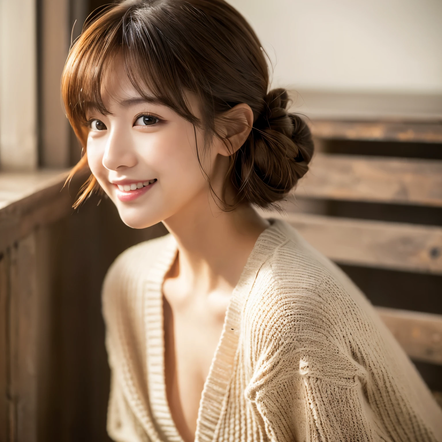 (masterpiece:1.3), (8k, Photorealistic, Raw photo, Best image quality: 1.4), Japanese 、(Random Hairstyles:1.2)、Cleavage:1.2、Super detailed face、Attention to detail、double eyelid、Put your chest together、Sharp focus:1.2、Beautiful woman:1.4、Light brown hair、highest quality、masterpiece、超A high resolution、(Photorealistic:1.4)、Highly detailed and professionally lit smile、Loose, lightweight knitwear、Shoulder out、thin、Serious expression、Short-haired、Deadly position