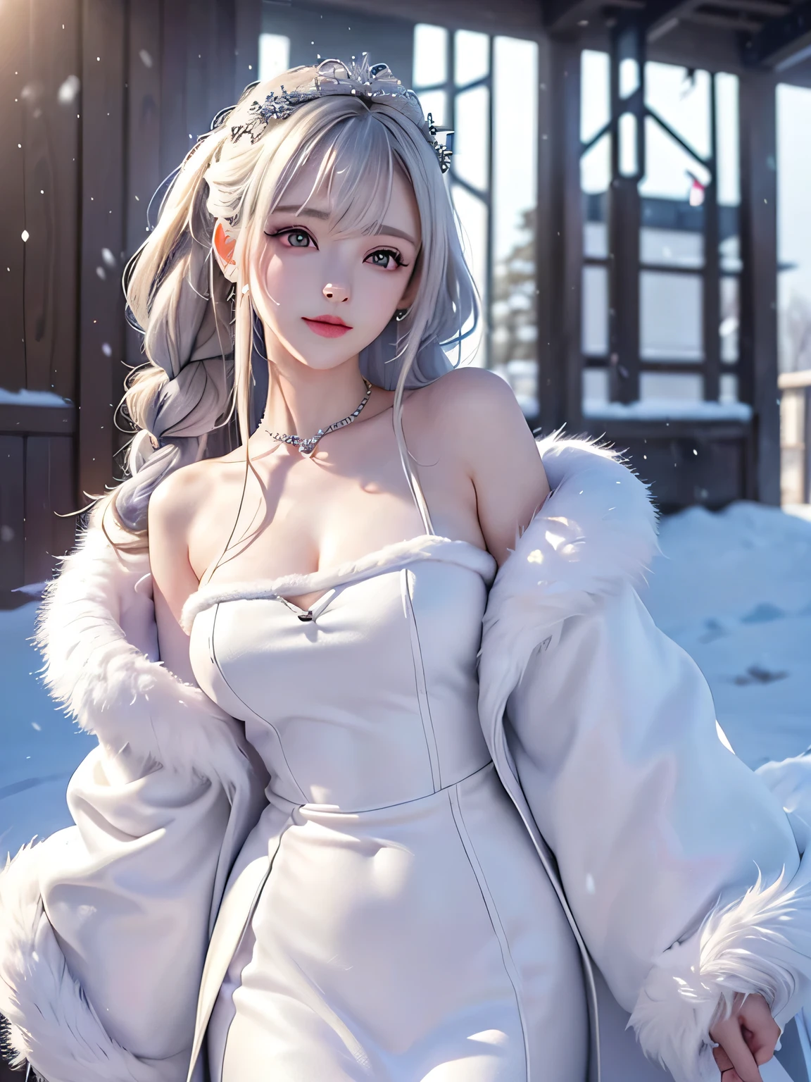 ((masterpiece:1.5、8k、Portrait、Photorealistic and very detailed CG、Very detailed、Particle Effects、Dynamic Effects、Written boundary depth、Cinematic Light、Lens flare、Ray Tracing、Tabletop、Realistic:1.4、超A high resolution:1.2、Realistic、Realistic))((alone、A woman wearing a white fur long coat over an off-the-shoulder knit:1.4、Elegant woman posing:、Detailed face、Bright expression、Younger, brighter, whiter skin、Ample breasts、Best Looks、The ultimate beauty、Silver hair with dazzling highlights、Shiny bright hair,、Super long silky braided hair、hair dancing in the wind))(morning、The setting is outdoors in the snow, near a Christmas tree.)
