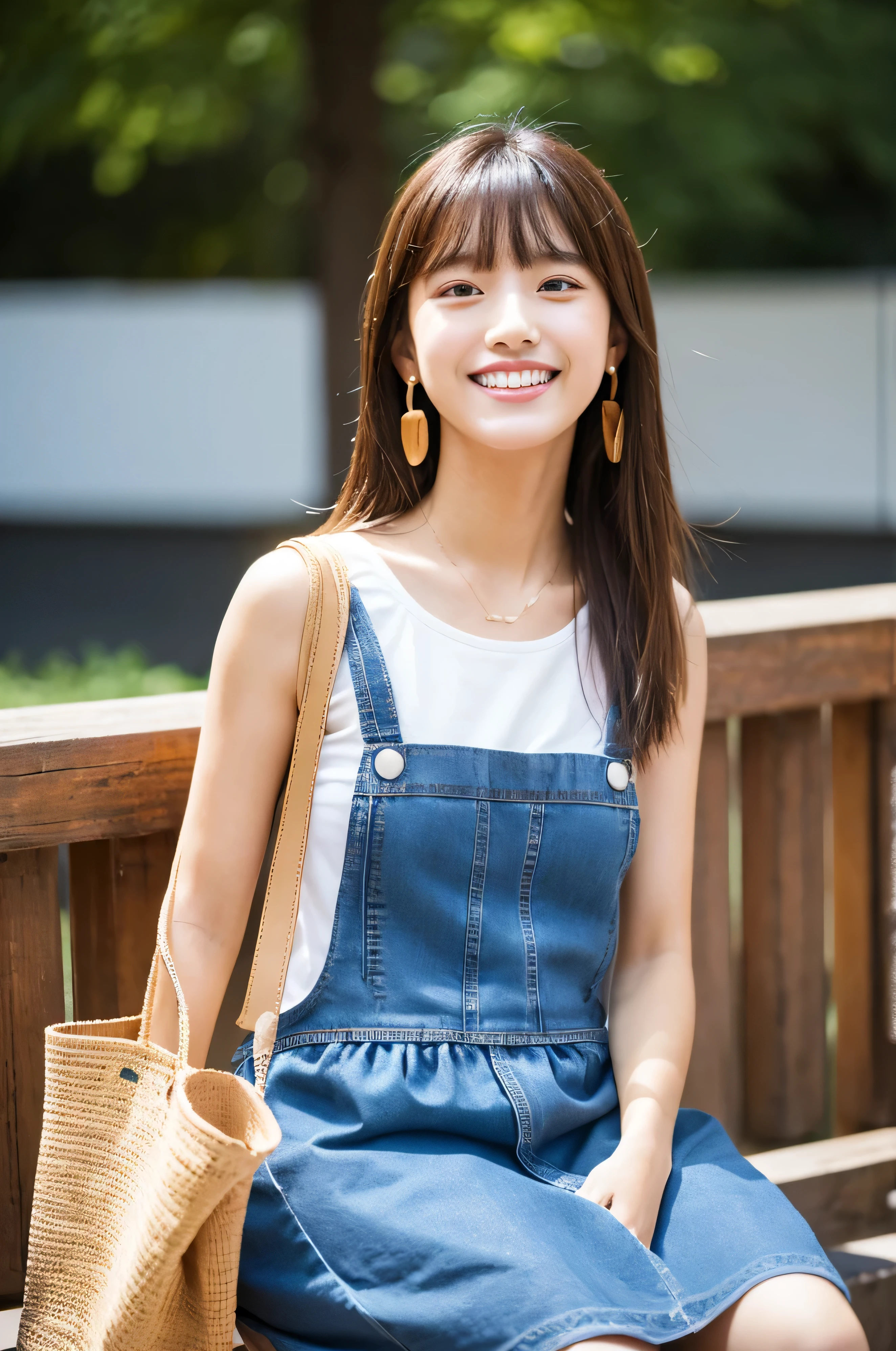 masterpiece , highest quality , Very detailed , 32k , Cute Woman , 1 girl , 19 years old,blouse , bangs , smile , White teeth , Symmetrical eyes,Brown Hair,Bobcut,Sitting backwards,With a bag in hand、University Campus、stage、BREAK Flowy organic cotton maxi dress,recycled polyester denim vest,vegan leather ankle boots,eco-friendly raffia tote bag,sustainable wooden earrings