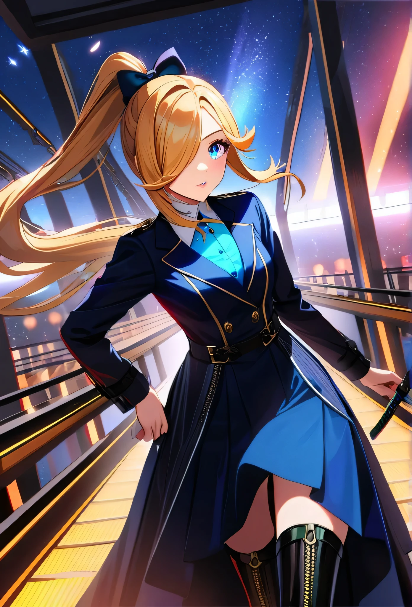 1 girl, ultra long ponytail hair, side bangs hair, gorgeous woman, hair over one eye Rosalina hair style, blonde, red bangs in the hair, with red fringes, ultra detailed face, glowing lips, glowing, school girl, glowing lips, glowing blue eyes, elegant walk, catwalk, cute, long eyelashes, long boots , looking to the sky, starry sky, holding down a katana, ultra detailed katana