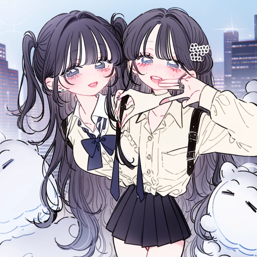 (masterpiece、highest quality、Super detailed)、detailed face、1 girl、gyaru、black hair、twintails、long hair、blunt bangs、light blue eyes、evil smile、((grin))、steam、earrings、((small breasts))、((white collared shirt))、((open clothes))、((black pleated skirt))、((miniskirt))、Are standing、cowboy shot、((City of night))、downtown background