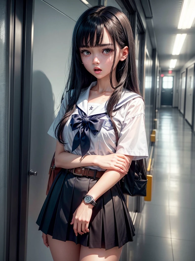 1 girl, alone,Black straight hair, Sailor suit,belt,watch,high school girl,White strong short sleeve collared shirt,Blue super mini skirt,Crying and screaming loudly:1.8, Perfect light, 8k, masterpiece:1.2, Very detailed, Realistic:1.37, Full HD, Night school corridor background,Cowboy shot from the front,Are standing