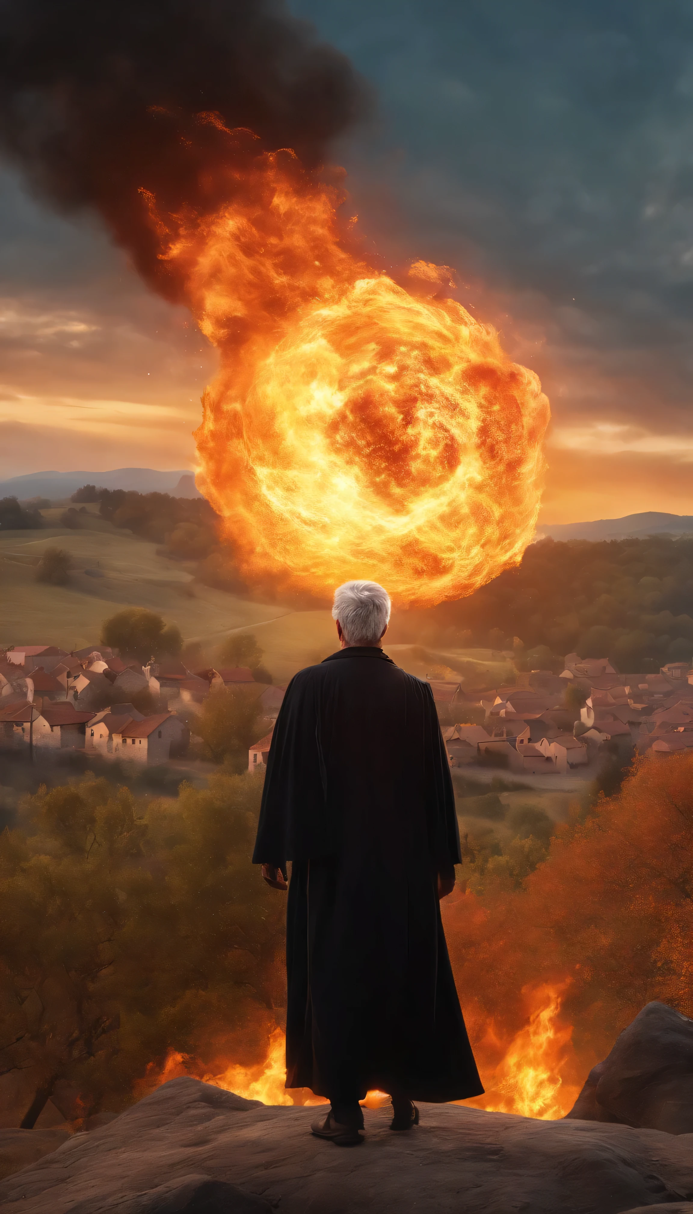 8k, close distance portrait, a male wizard with black clothes and grey short hair from behind, hand gesture to the sky, throwing a super massive huge fireball to a village in the distance from hill, with a burning village background the distance
