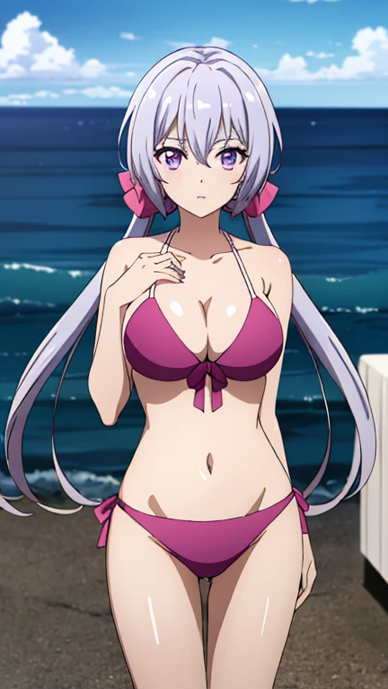 (highest quality, 8k, High resolution, masterpiece:1.2), Anime art style, Yukinecris, 1 girl, Perfect Face, Perfect Eyes, Large Breasts,Cleavage, Silver Hair, Low Twintails, Pink Hair、ribbon、Purple Eyes, Thin twin tails, Long Hair, Soft look, alone, bikini, Cowboy Shot,  Viewer ratings,Beautiful sea