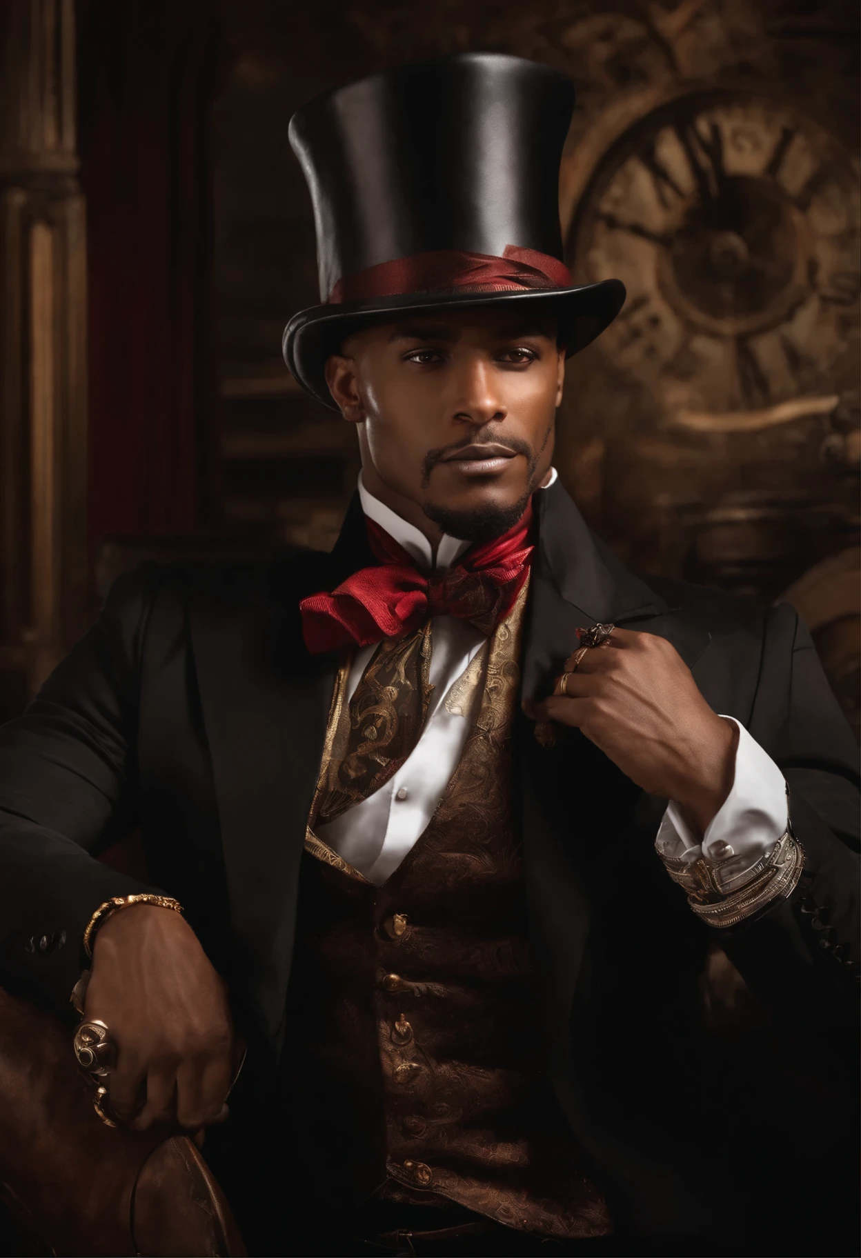 um close de um homem de cartola e capa vermelha, steampunk superhero, he is wearing a top hat, sobretudo preto e vermelho de corpo inteiro, muscular magic man, Jesse McCree, alquimista steampunk africano, por Mario Dubsky, Usando cartola steampunk, com olho de vidro e cartola, vampiro vitoriano, epic and elegant portrait, steampunc