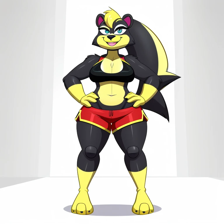 A Sexy black Anthro skunk wearing red shorts and has thick sexy thighs, standing on a Souless, lifeless, position and in a white background and hands on hips, and looking at a Yellow smiley ball on the floor, and in the STARTOONS animation aesthetic