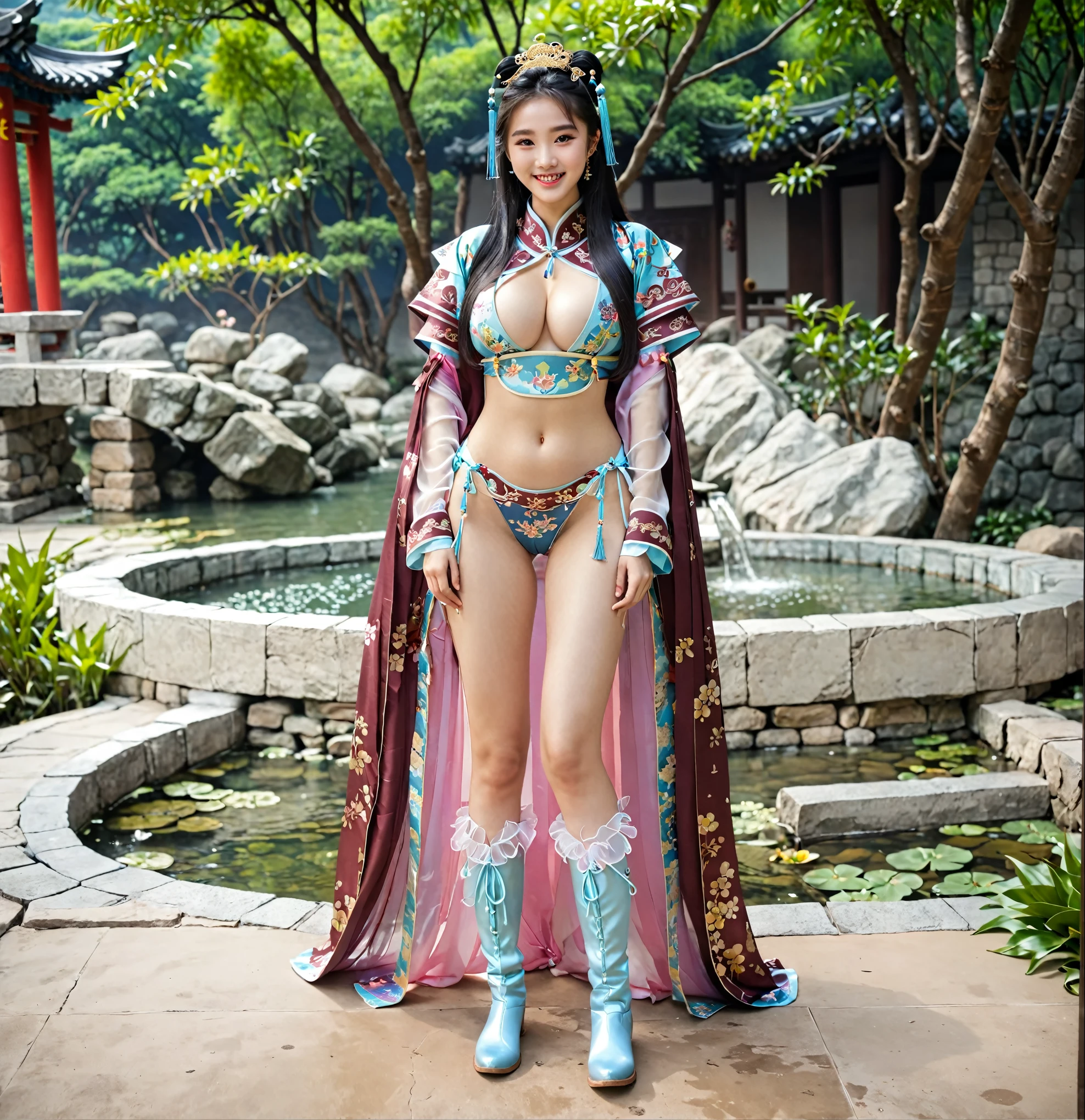 She looks like a very girly,full body xianxia, of princesses, lustful smile，Chinese Hanfu, Sexy light blue bikini underwear，Lei paper underwear, Lei paper underwear, ，Long-legged girl，Put on your boots，Blue boots，Huge breasts，Put on your hat，fantasy服装, Put on the priest&#39;Cape, Black cape, Lace cape，穿着fantasy服装, The background is inside the palace，Real 8000g，Impeccable，masterpiece，Professional artwork，masterpiece，Light，Movie Bloom，Perfect face，Pretty Face，fantasy，Dreamy and magical，not real，Intricate details，beautiful pattern