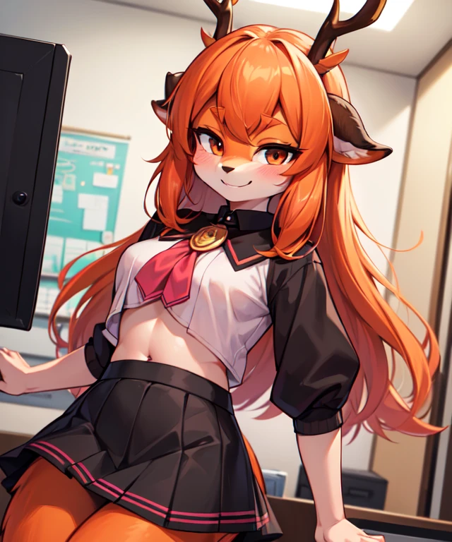 1girl, (anthro furry:1.2), TsunodaCzar, (two-toned fur, orange fur, black eyes, deer ears, horns, snout), (pink blouse, black skirt, smiling), (interior, office), (masterpiece:1.2), hires, ultra-high resolution, 8K, high quality, (sharp focus:1.2), clean, crisp, cinematic,、lure、belly button、Blushing