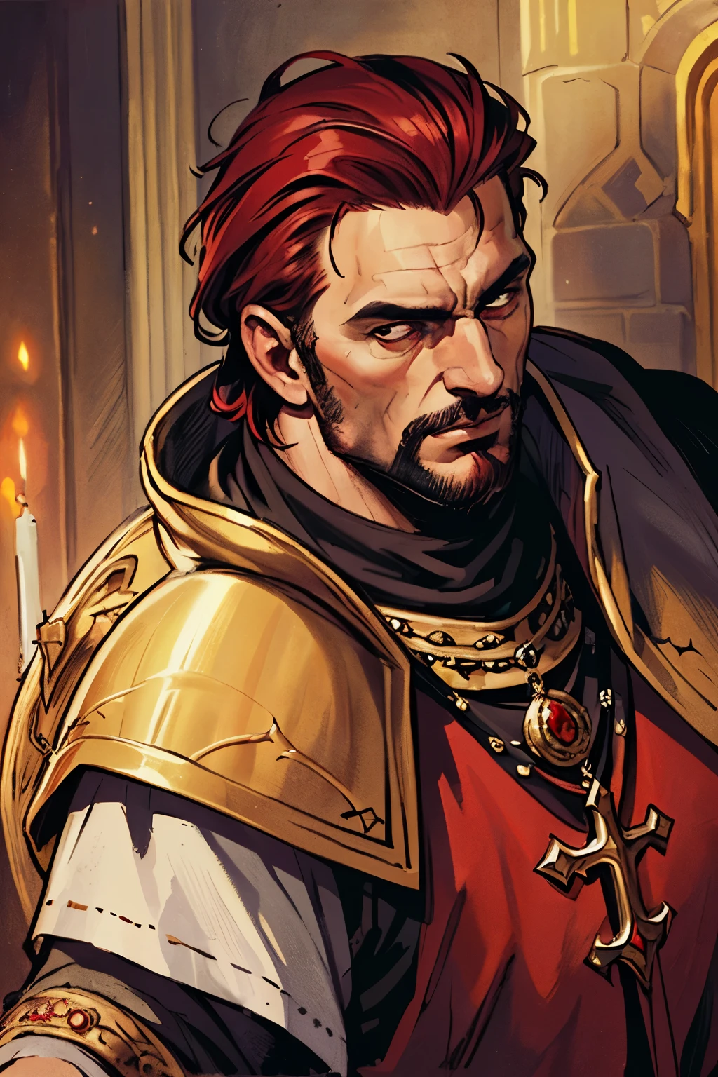 (masterpiece:1.1),(best quality:1.1),extremely detailed,(original design:1.1),(unique accessories:1.1),(medieval fantasy:1.1),professionally retouched,(close-up:1.1),portrait,midday,(male:1.1) royal blood,(holy:1.2),(divine:1.2),(old:1.3), black and red emperor, imposing face, staring at the camera