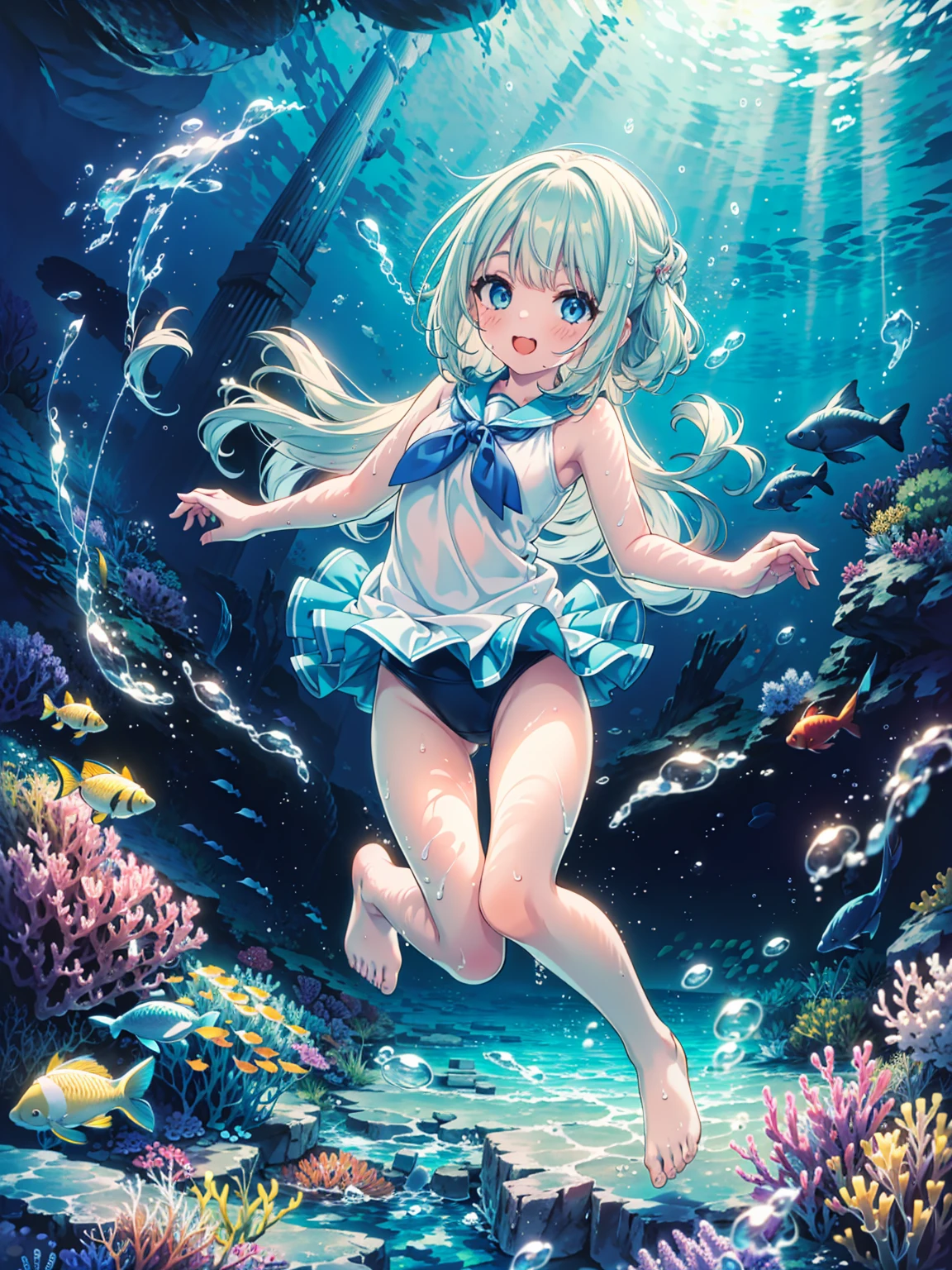 masterpiece, best quality, absurdres, 1girl, :), Deep under the sea, (white marble Greek temple under water), a girl floating in water, fishs, Tyndall light, under sea, under ocean, underwater, submerged water, deep submersion