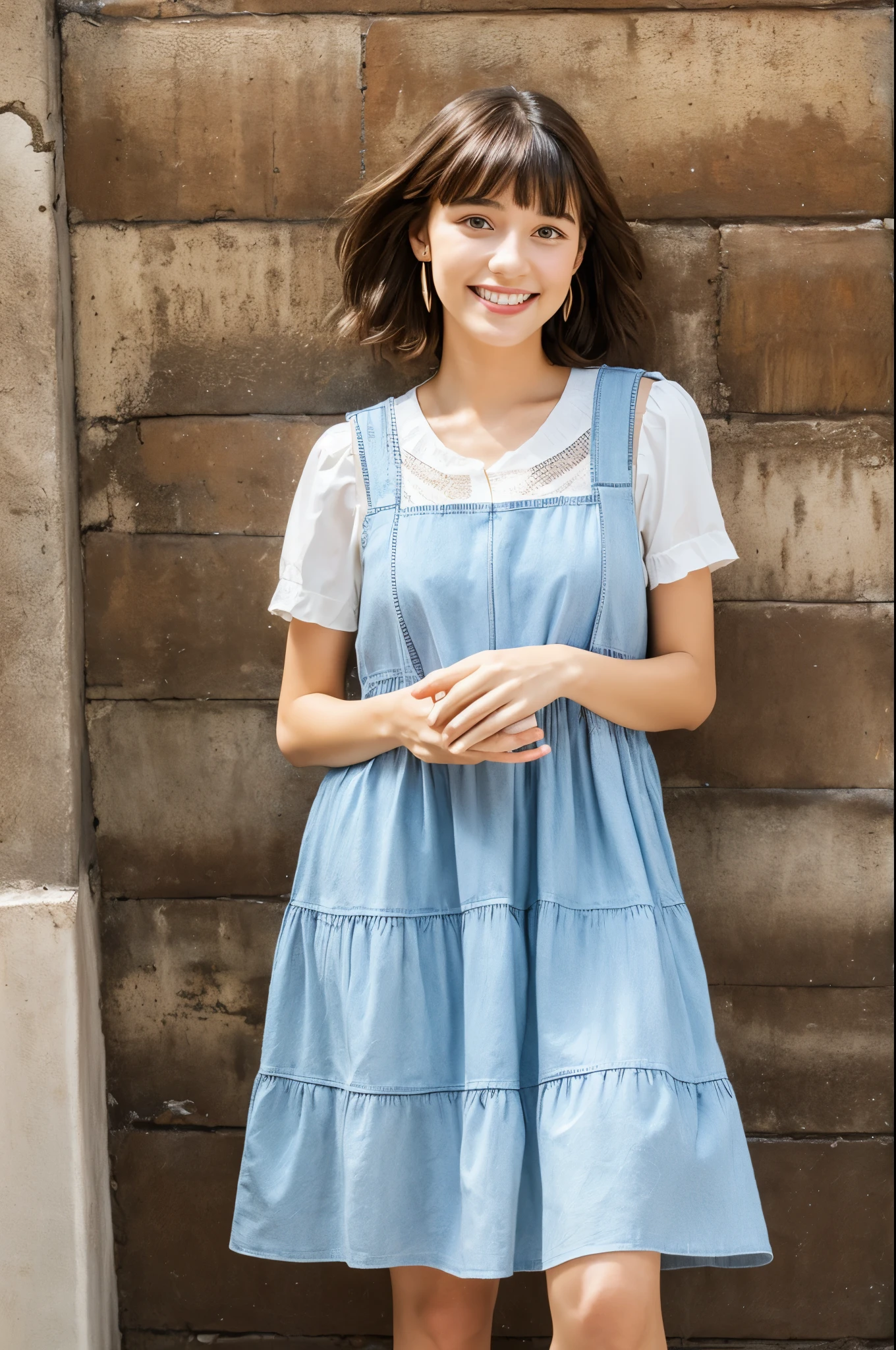 masterpiece , highest quality , Super detailed , 32K , cute woman , 1 girl , 19 years old,blouse , bangs , smile , white teeth , symmetrical eyes,brown hair,bob cutBREAK Flowy organic cotton maxi dress,recycled polyester denim vest,vegan leather ankle boots,eco-friendly raffia tote bag,sustainable wooden earrings