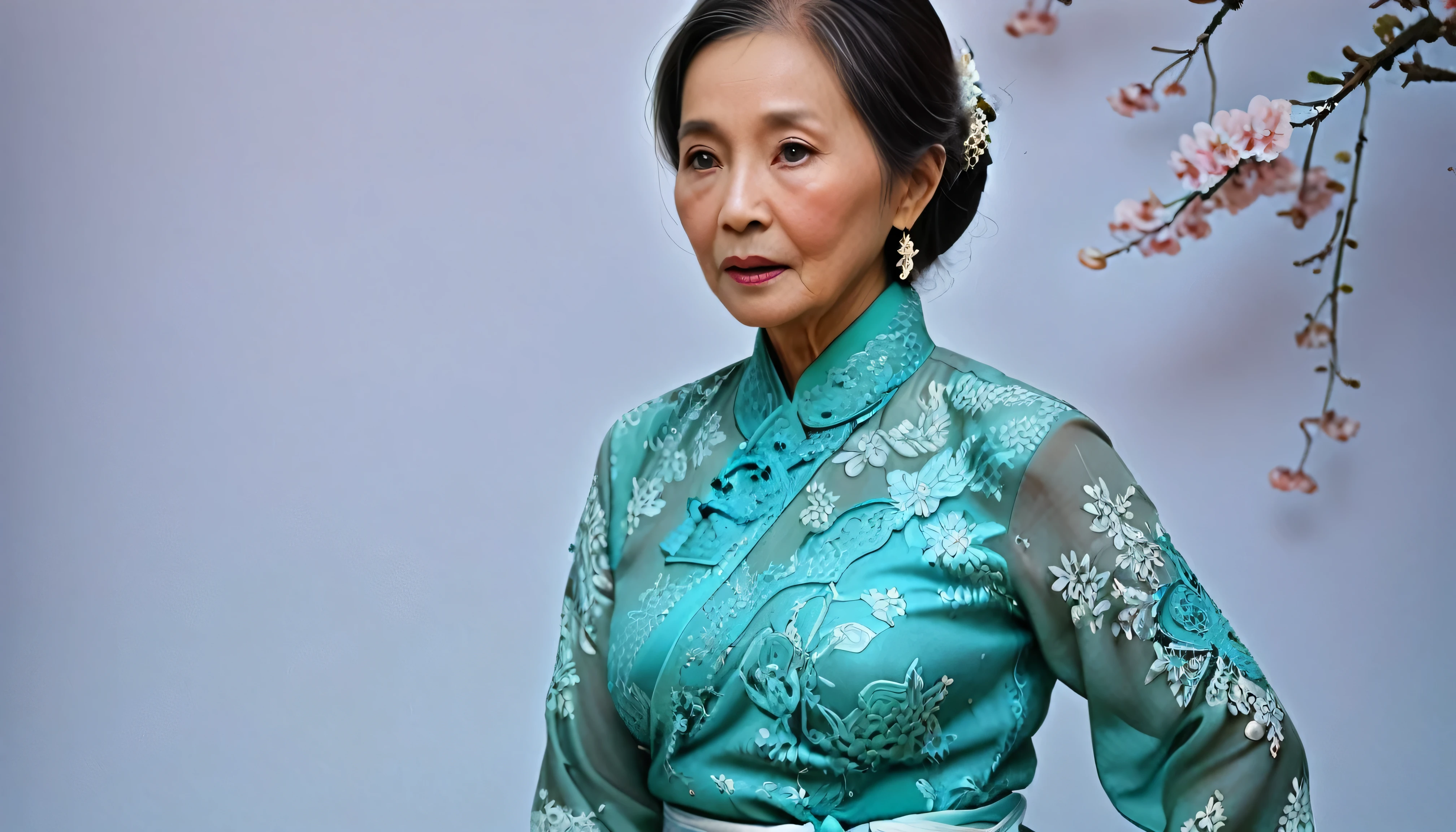 Generate a high-resolution vector illustration of an elderly Asian woman moslem experiencing acute memory loss, depicted with an ethereal and sensitive touch. The illustration should capture her gentle expression, with slightly confused eyes that reflect a mix of emotions, conveying her struggle with memory loss. Her traditional attire, perhaps a softly patterned kebaya and a batik sarong, should be rendered in fine detail, emphasizing the rich textures and cultural heritage. The setting around her is softly blurred, symbolizing her fading memories, with a light background that gradually fades into white, focusing the viewer's attention on her. Use soft and natural lighting that highlights her features with gentle shadows and warm tones, creating a peaceful yet poignant atmosphere. Ensure the illustration has no over-filtering, maintains a soft focus on the main subject, and presents no digital artifacts or noise, achieving a level of realism that blurs the line between traditional illustration and AI-generated art