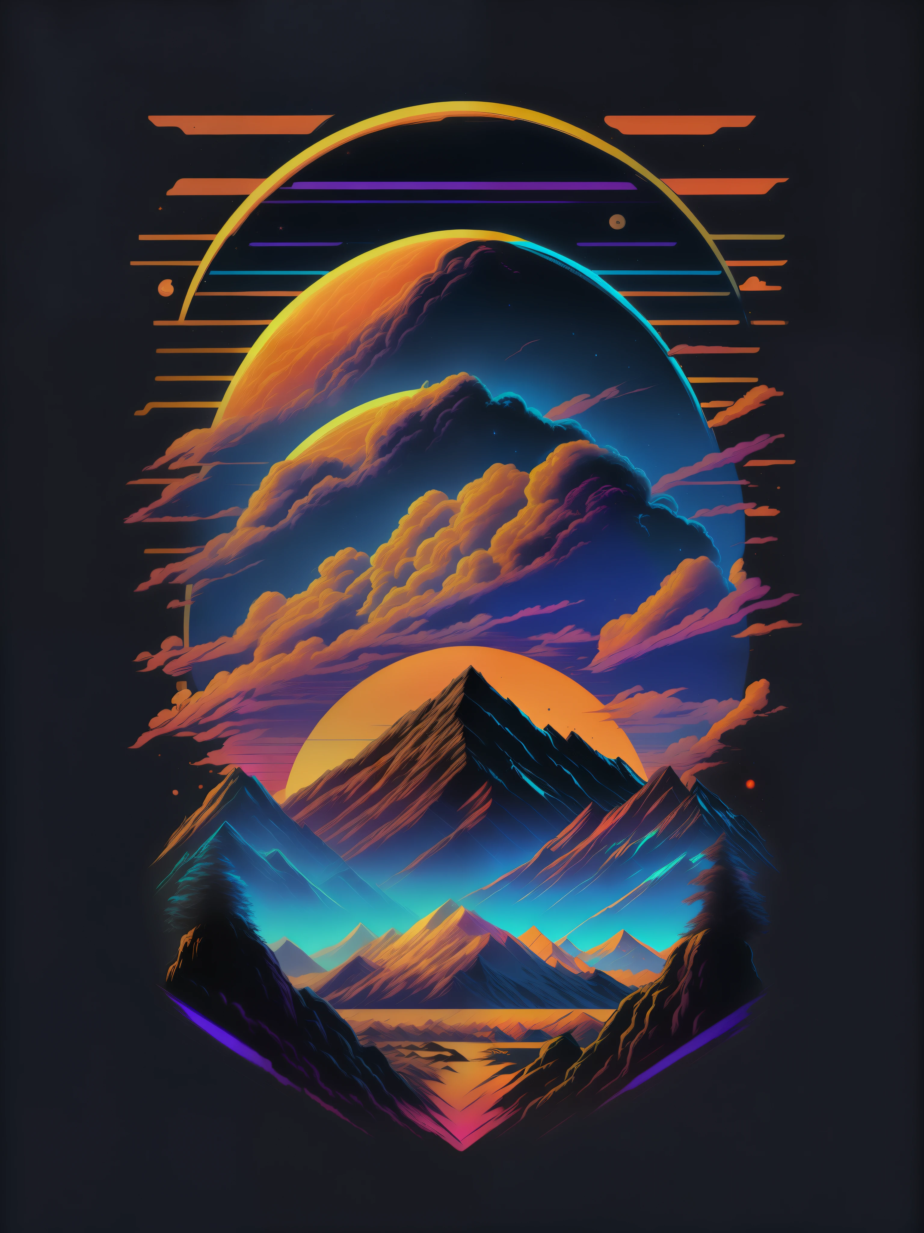 nuvens interestelares, 80's vector image, design de camiseta, isolado, fundo preto, blue orange and just purple illustration