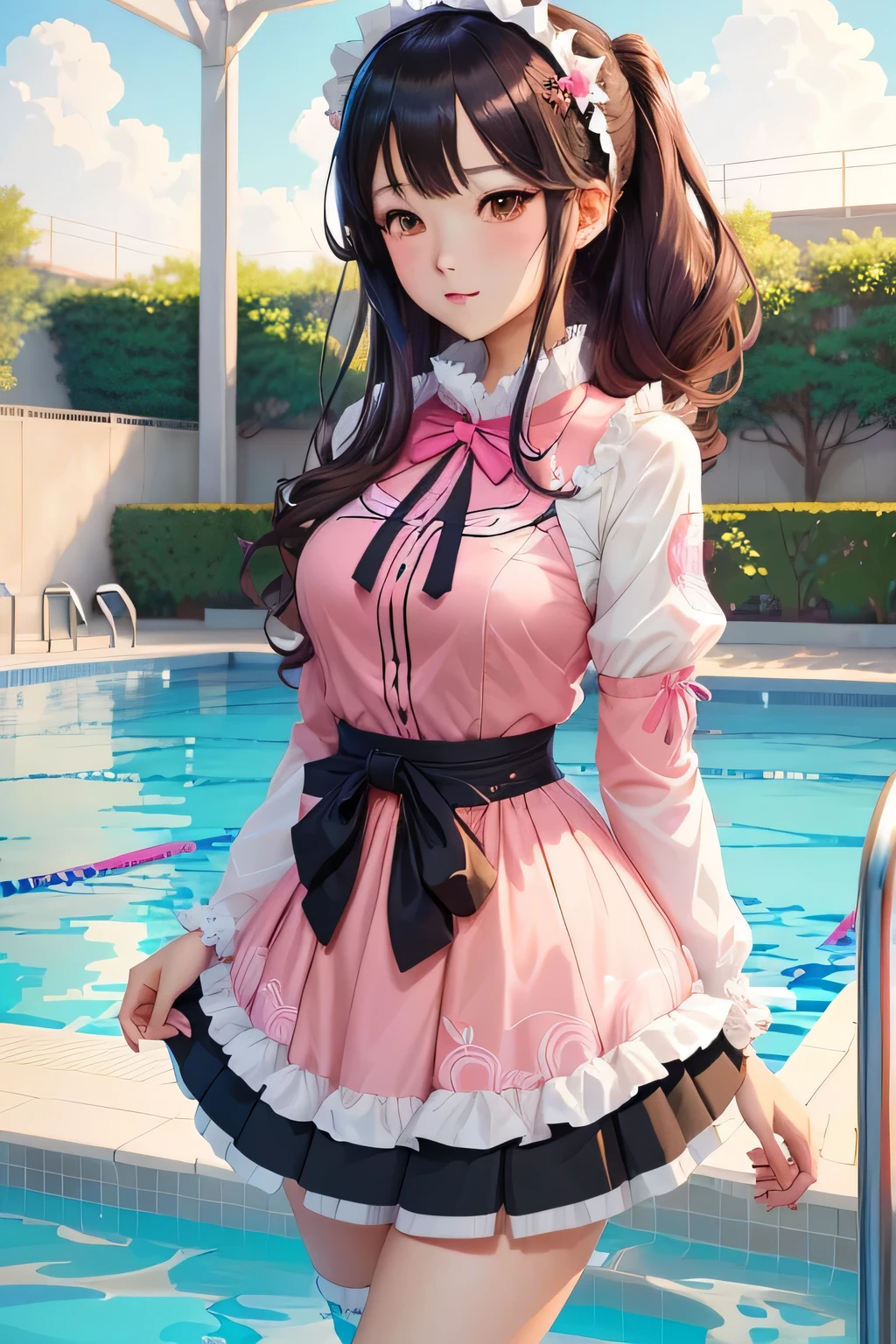 Anime girl wearing pink and black outfit standing in swimming pool, , Cute anime girl in a beautiful skirt, Clean and detailed anime art, Lolita in a skirt, Detailed anime artwork, beautiful anime artwork, Attractive anime girl, Detailed digital anime art, Ink art animation , guweiz, Guweiz on Pixiv ArtStation