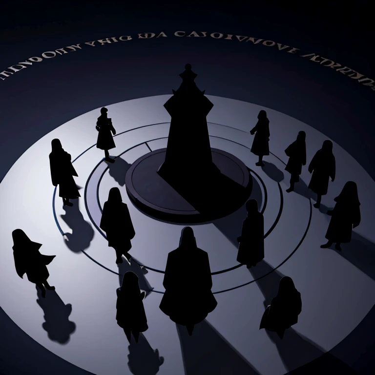Dark council of 6 shadowy figures hidden in darkness around a round table.