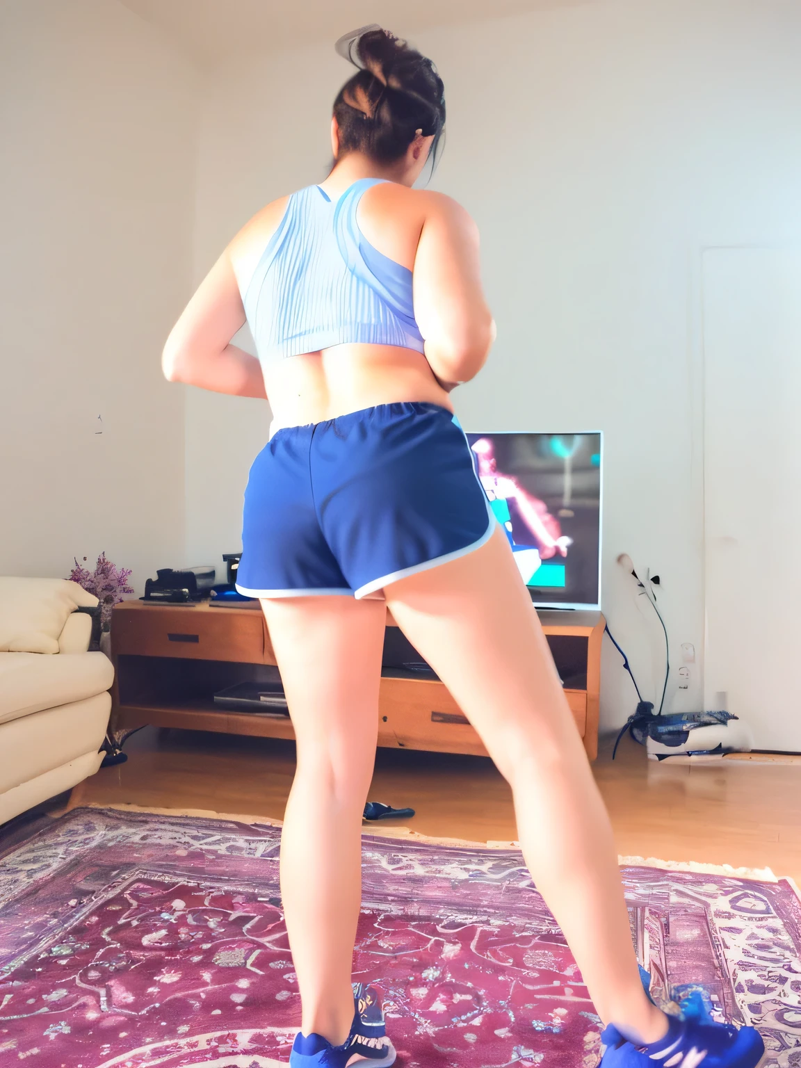 araffe woman in blue shorts and blue shoes playing a video game, in shorts, seen from the back, shot from behind, from the back, view from the back, view from behind, shot from the back, toned derriere, picture from behind, long shot from the back, seen from behind, from back, long shot from back, working out